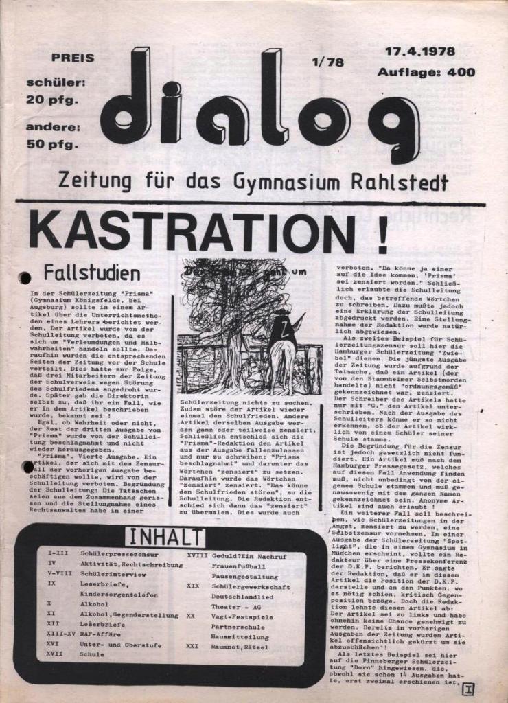 Dialog _ Zeitung für das Gymnasium Rahlstedt, Nr. 1/1978, Seite 1