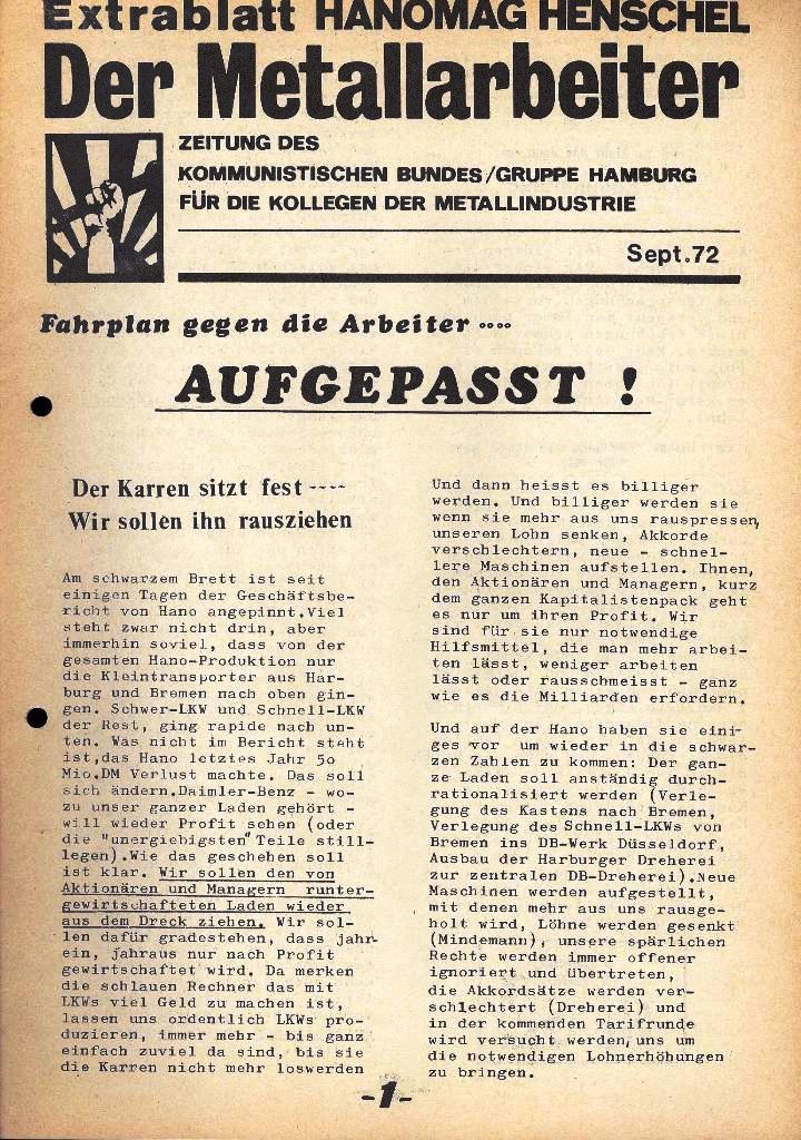 Der Metallarbeiter _ Zeitung des Kommunistischen Bundes/Gruppe Hamburg für die Kollegen der Metallindustrie _ Extrablatt Hanomag_Henschel, September 1972, Seite 1