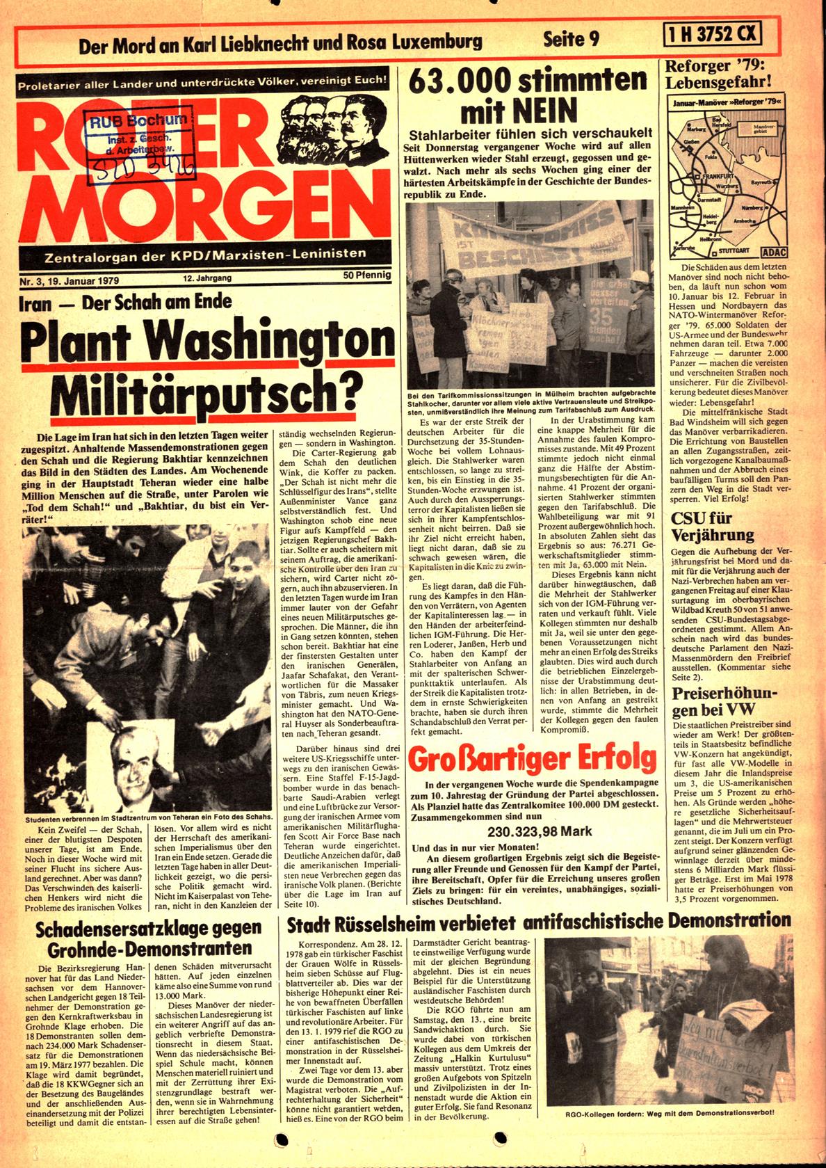 Roter Morgen, 13. Jg., 19. Januar 1979, Nr. 3, Seite 1