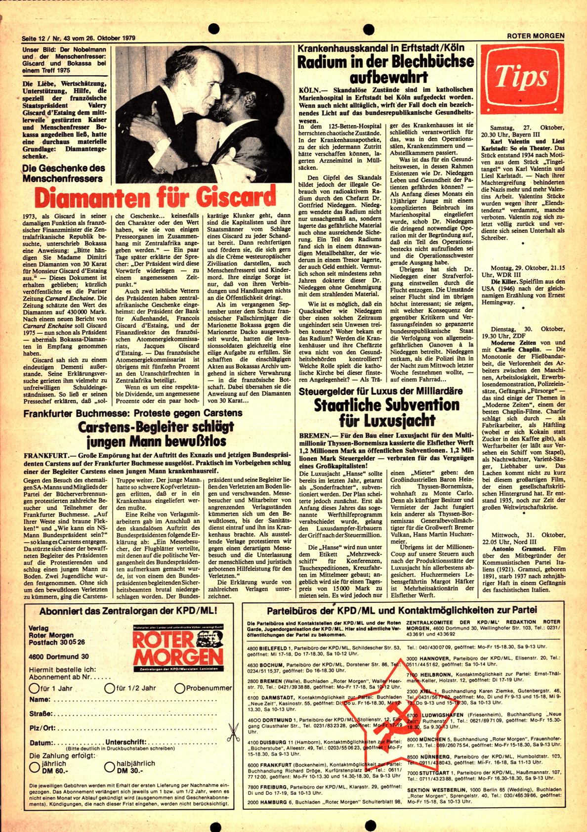 Roter Morgen, 13. Jg., 26. Oktober 1979, Nr. 43, Seite 12