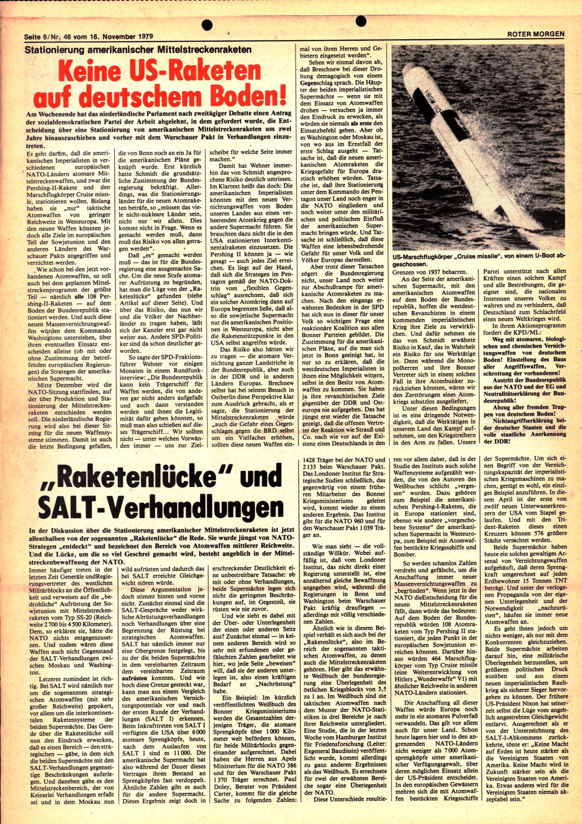 Roter Morgen, 13. Jg., 16. November 1979, Nr. 46, Seite 6