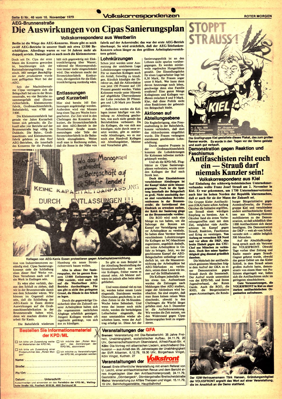 Roter Morgen, 13. Jg., 16. November 1979, Nr. 46, Seite 8