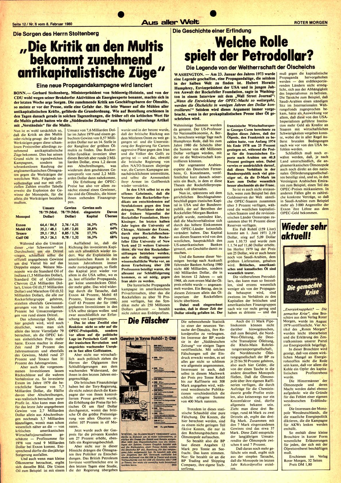 Roter Morgen, 14. Jg., 8. Februar 1980, Nr. 6, Seite 12