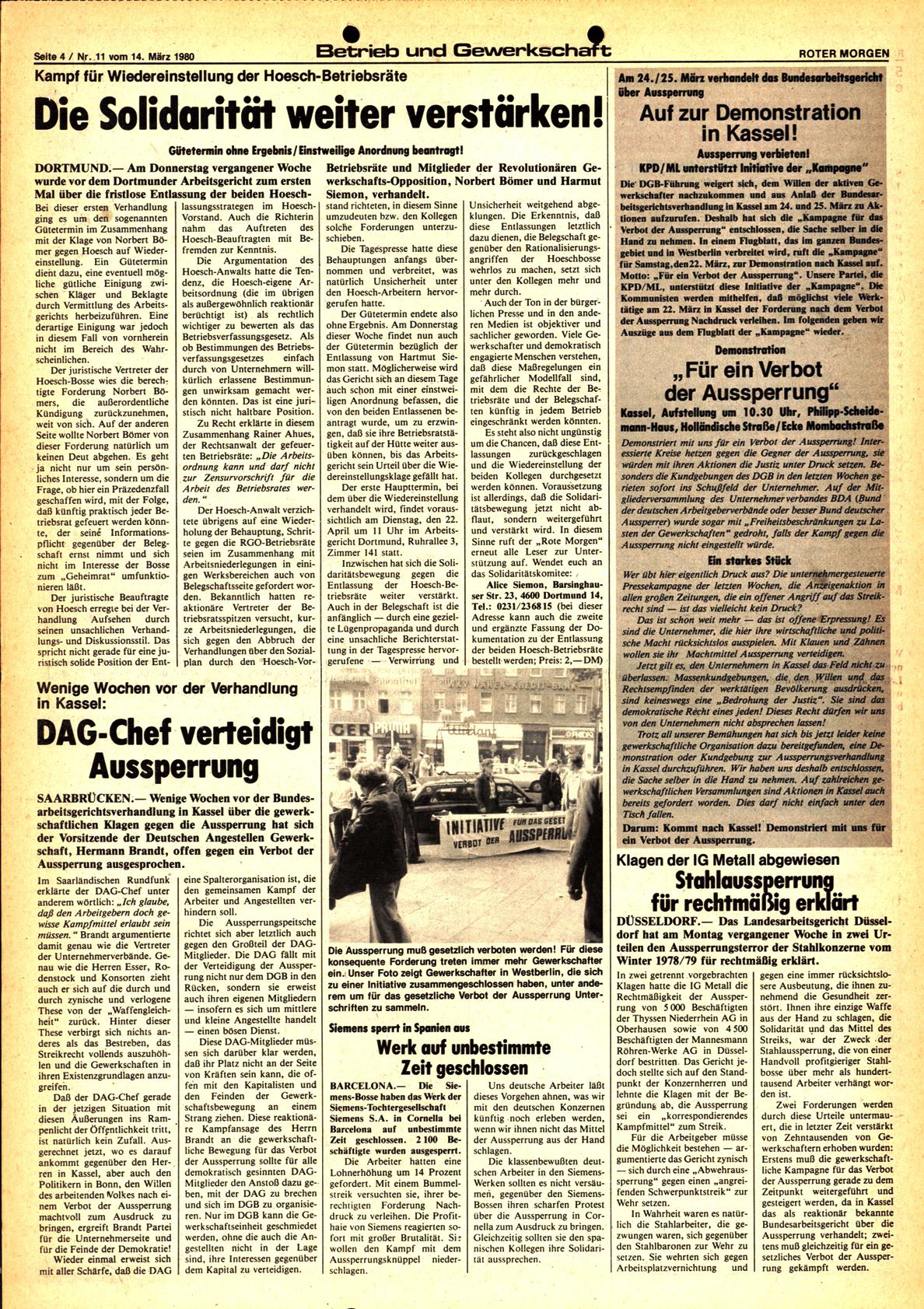 Roter Morgen, 14. Jg., 14. März 1980, Nr. 11, Seite 4