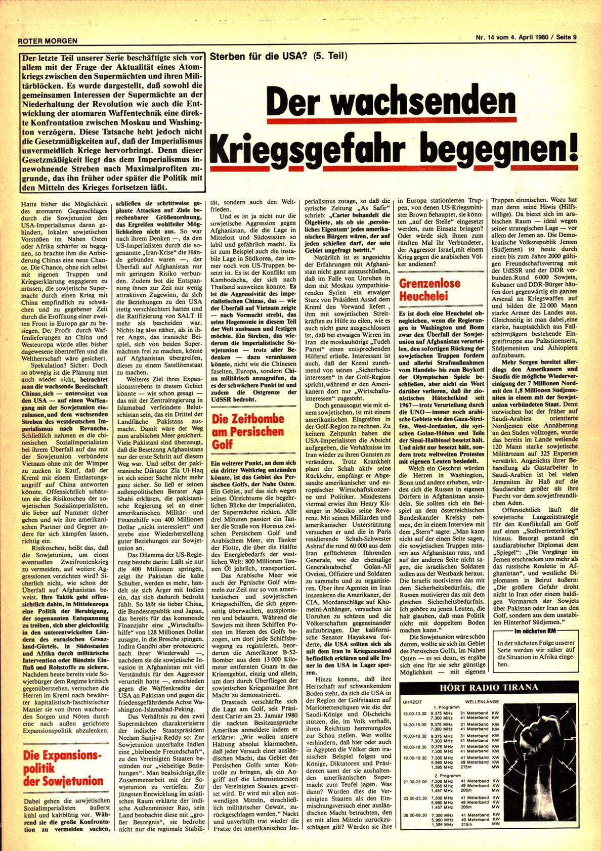 Roter Morgen, 14. Jg., 4. April 1980, Nr. 14, Seite 9