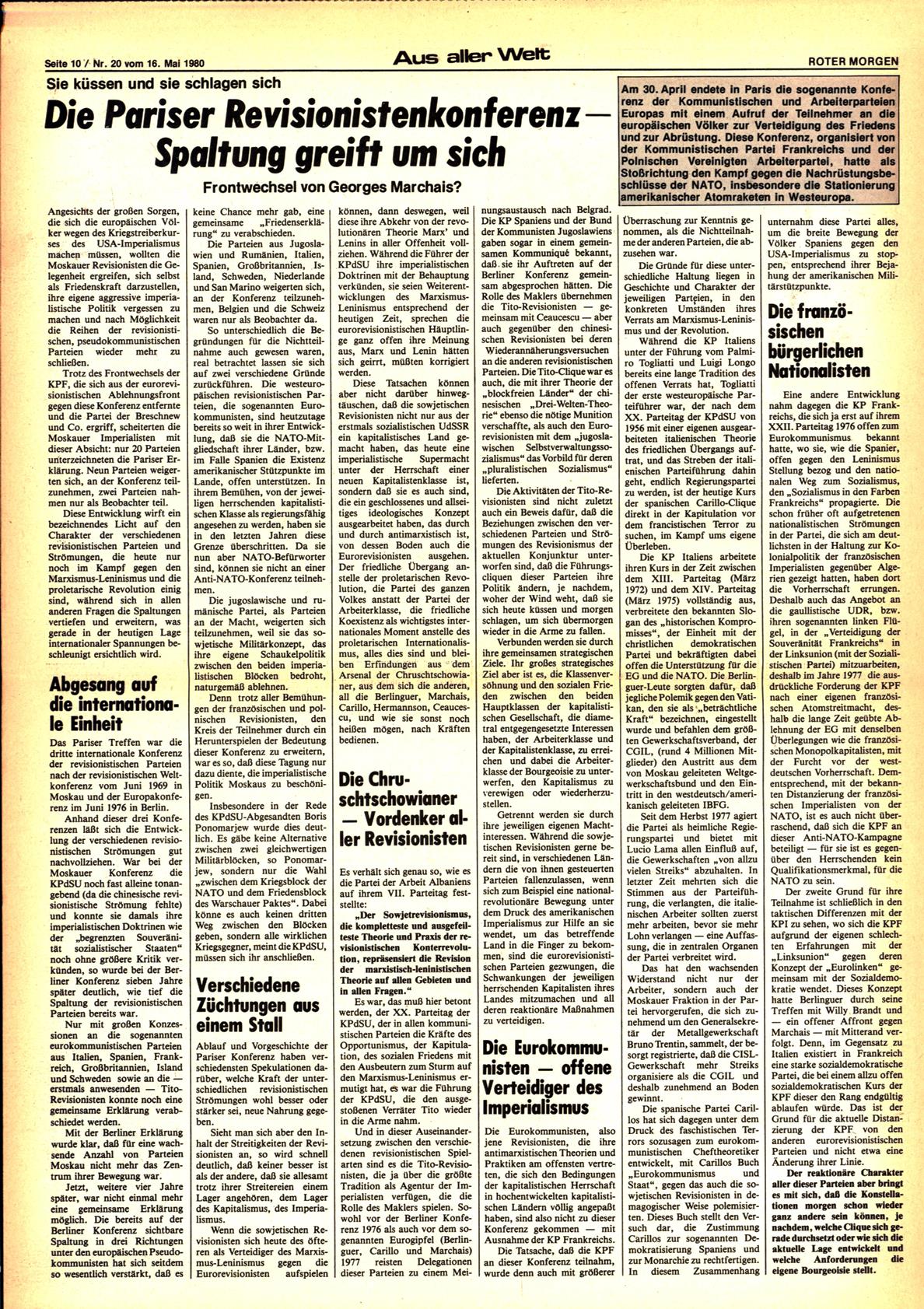 Roter Morgen, 14. Jg., 16. Mai 1980, Nr. 20, Seite 10