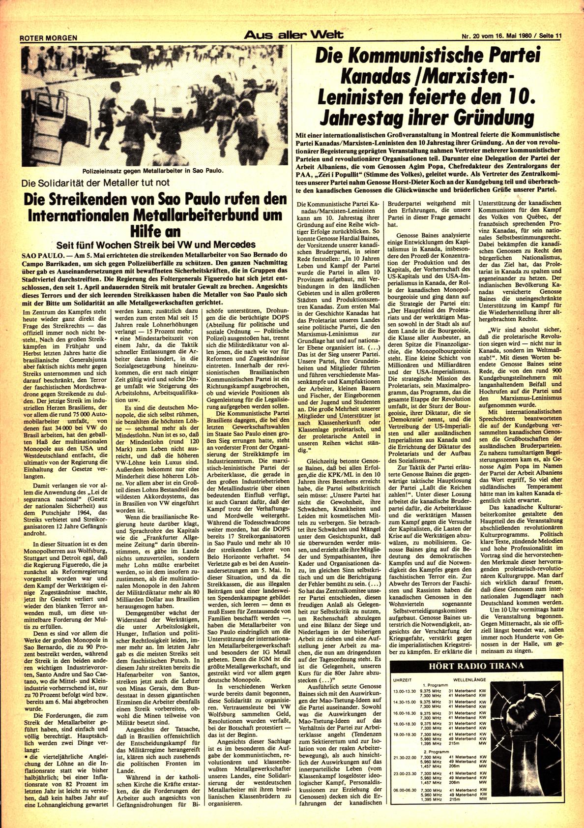 Roter Morgen, 14. Jg., 16. Mai 1980, Nr. 20, Seite 11