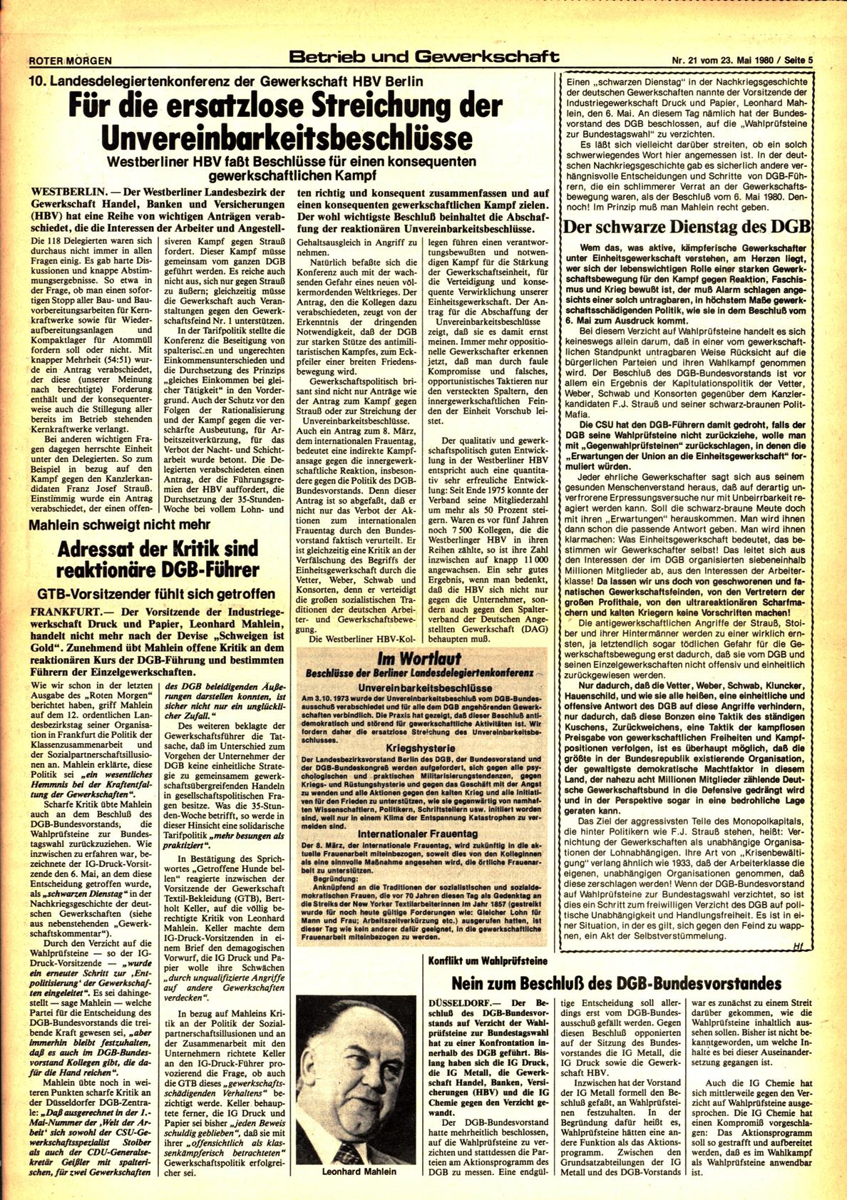 Roter Morgen, 14. Jg., 23. Mai 1980, Nr. 21, Seite 5