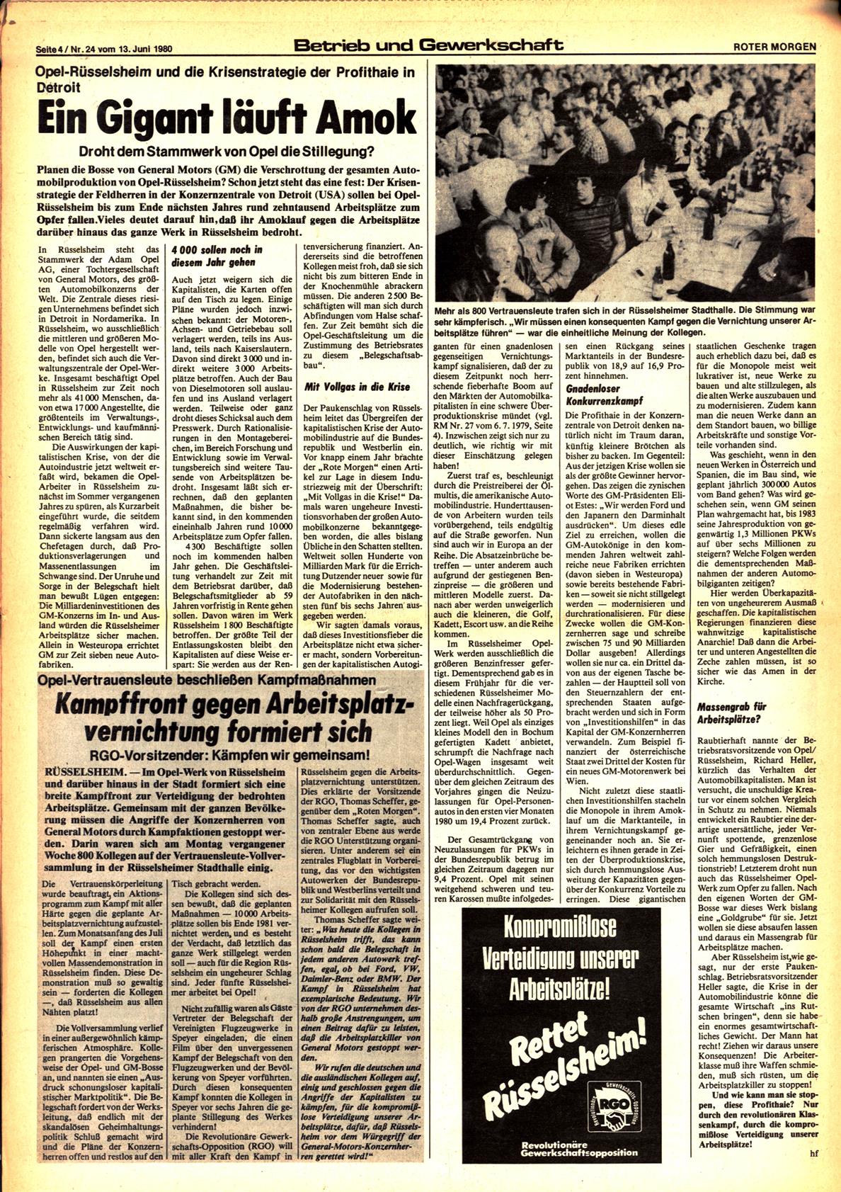 Roter Morgen, 14. Jg., 13. Juni 1980, Nr. 24, Seite 4