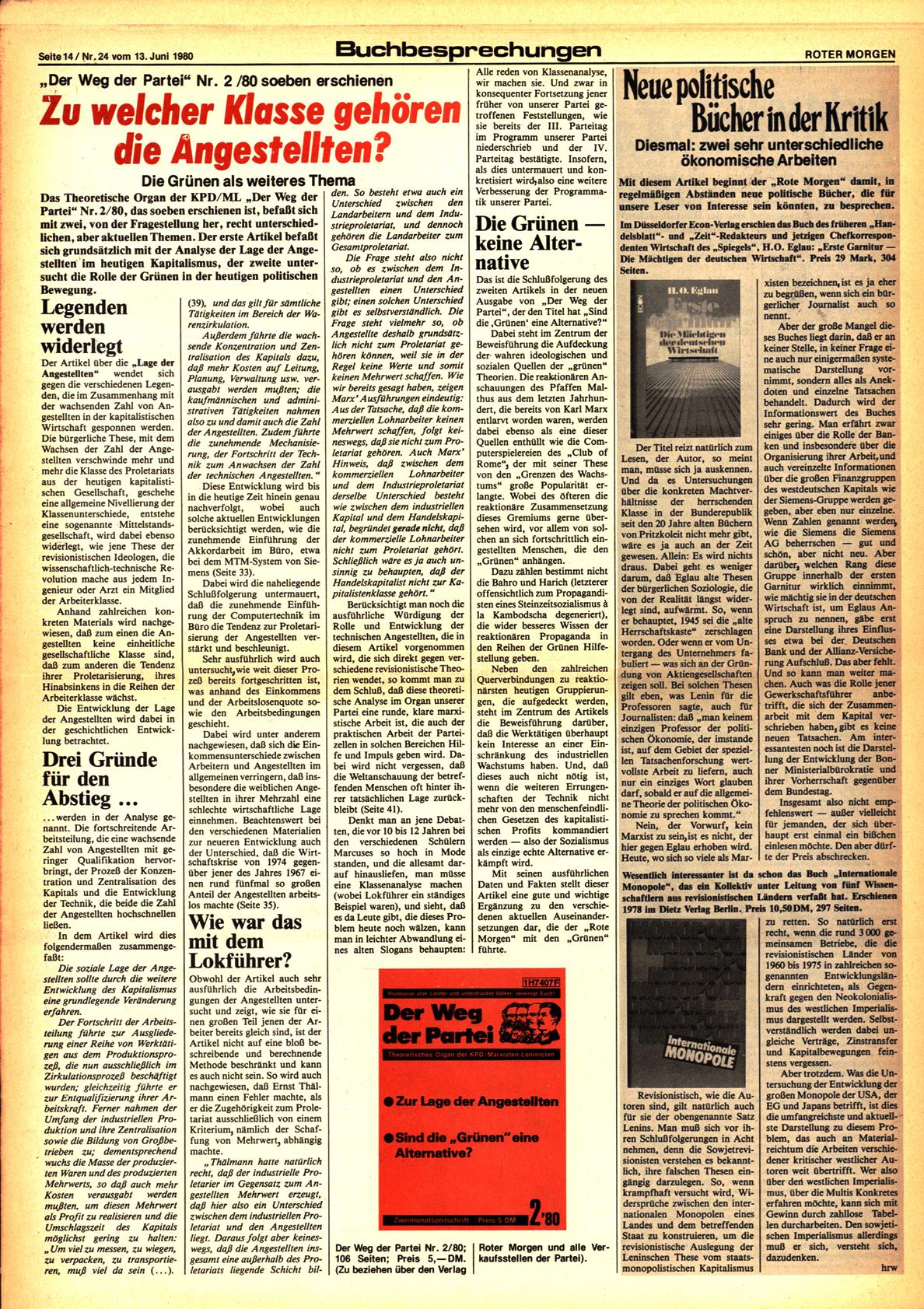 Roter Morgen, 14. Jg., 13. Juni 1980, Nr. 24, Seite 14