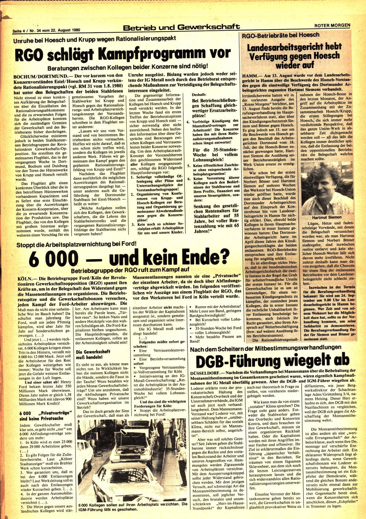 Roter Morgen, 14. Jg., 22. August 1980, Nr. 34, Seite 4
