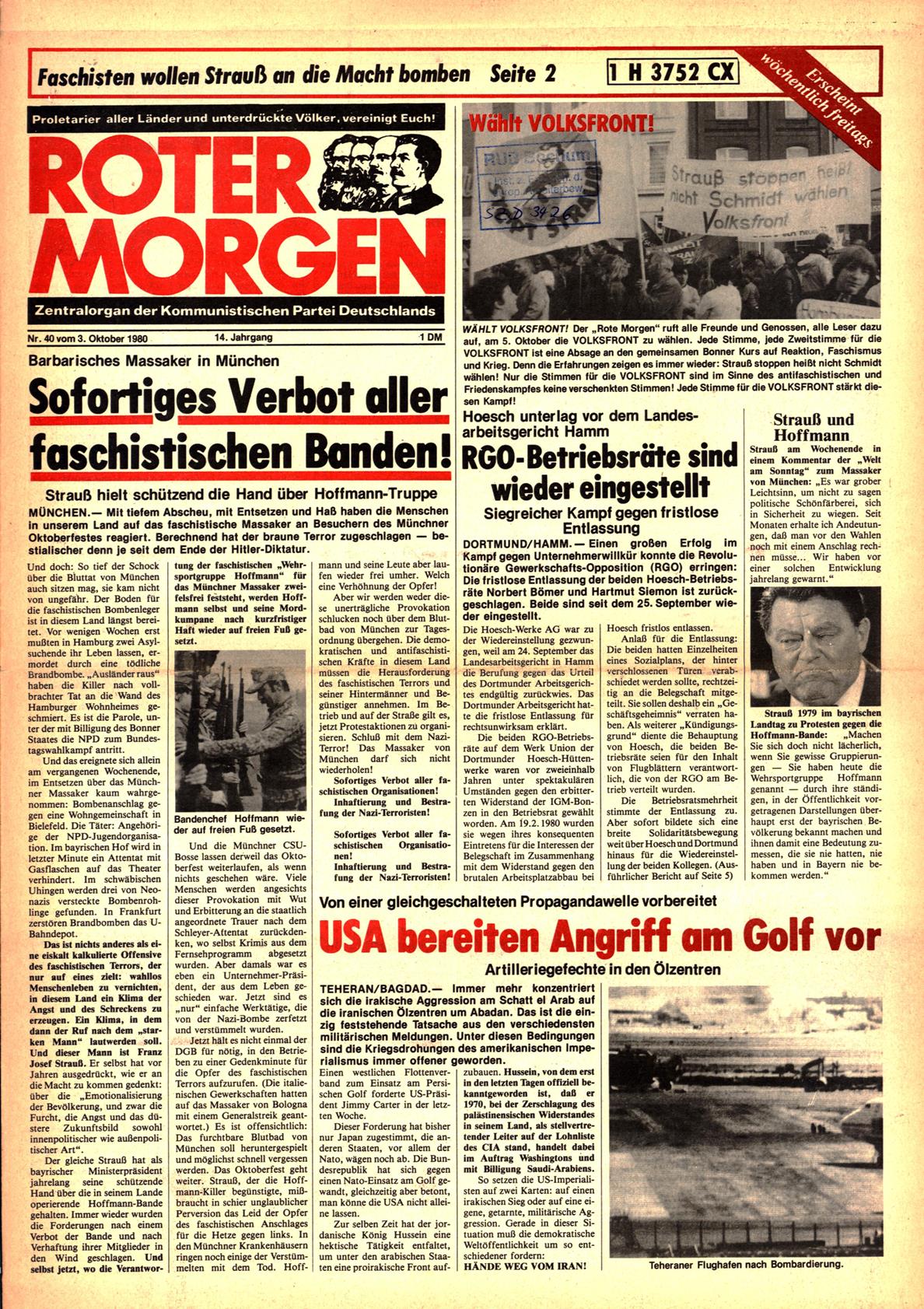 Roter Morgen, 14. Jg., 3. Oktobber 1980, Nr. 40, Seite 1