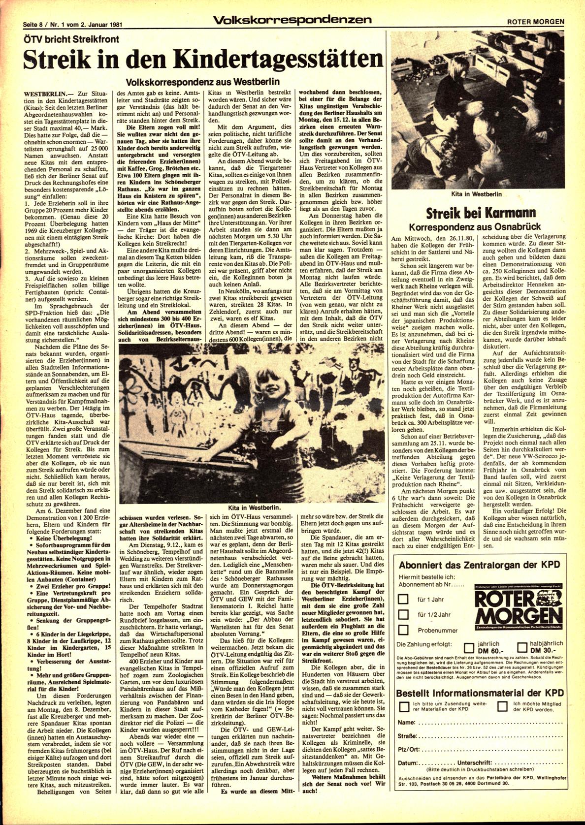 Roter Morgen, 15. Jg., 2. Januar 1981, Nr. 1, Seite 8
