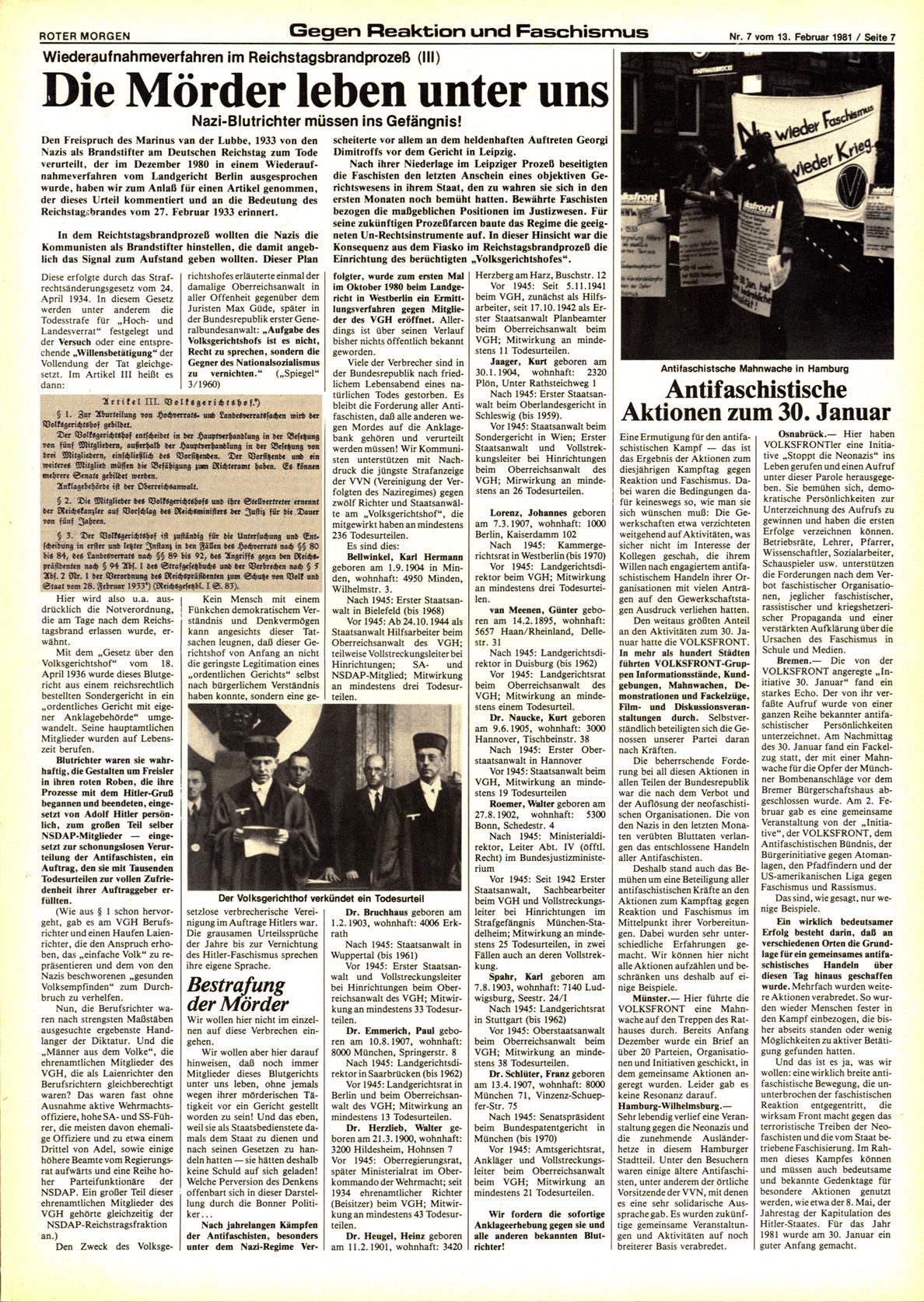 Roter Morgen, 15. Jg., 13. Februar 1981, Nr. 7, Seite 7