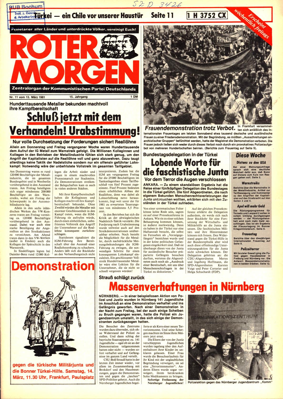 Roter Morgen, 15. Jg., 13. März 1981, Nr. 11, Seite 1