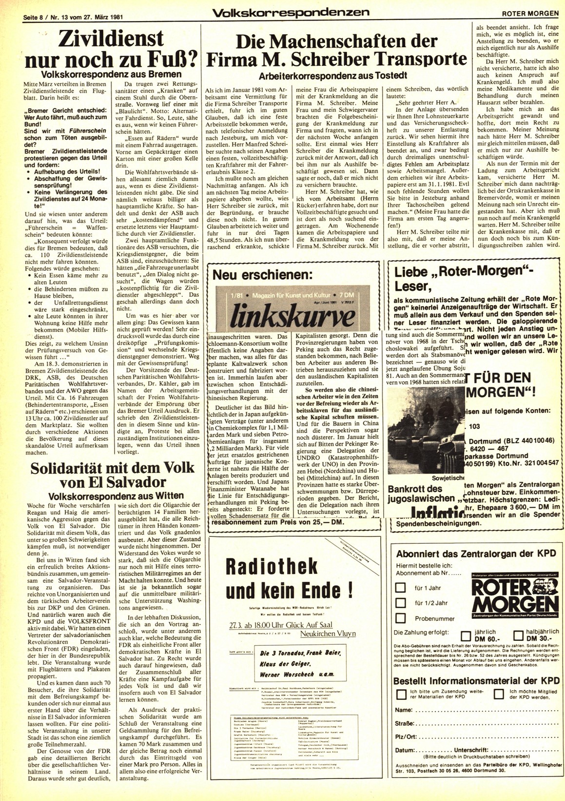 Roter Morgen, 15. Jg., 27. März 1981, Nr. 13, Seite 8