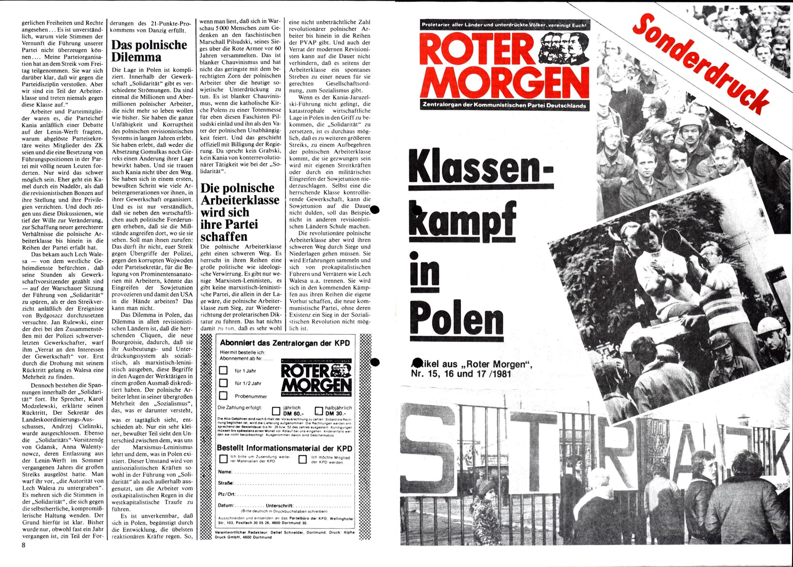 Roter Morgen, 15. Jg., Sonderdruck (Artikel aus RM 15-17/1981), Seite 1/8