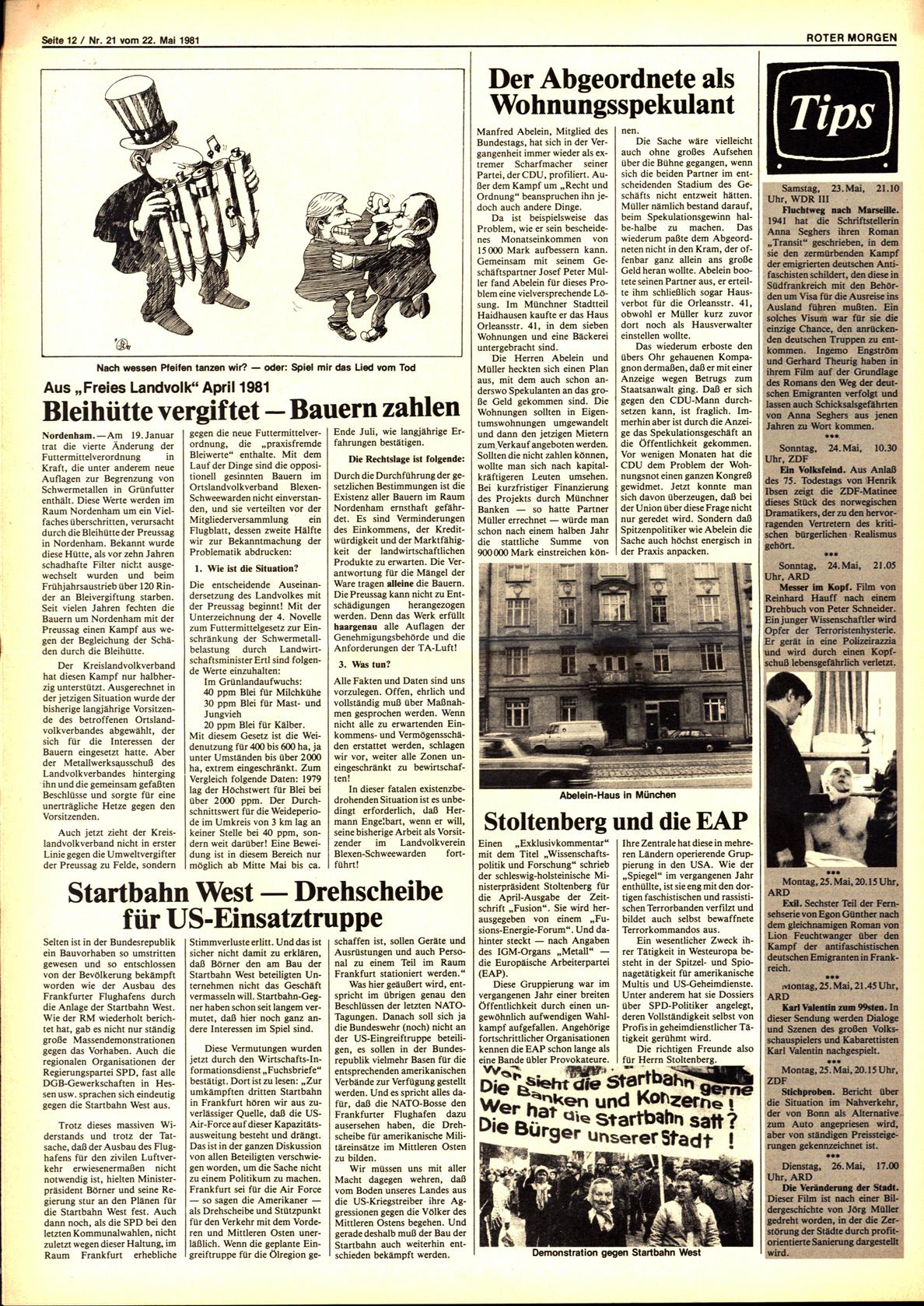 Roter Morgen, 15. Jg., 22. Mai 1981, Nr. 21, Seite 12