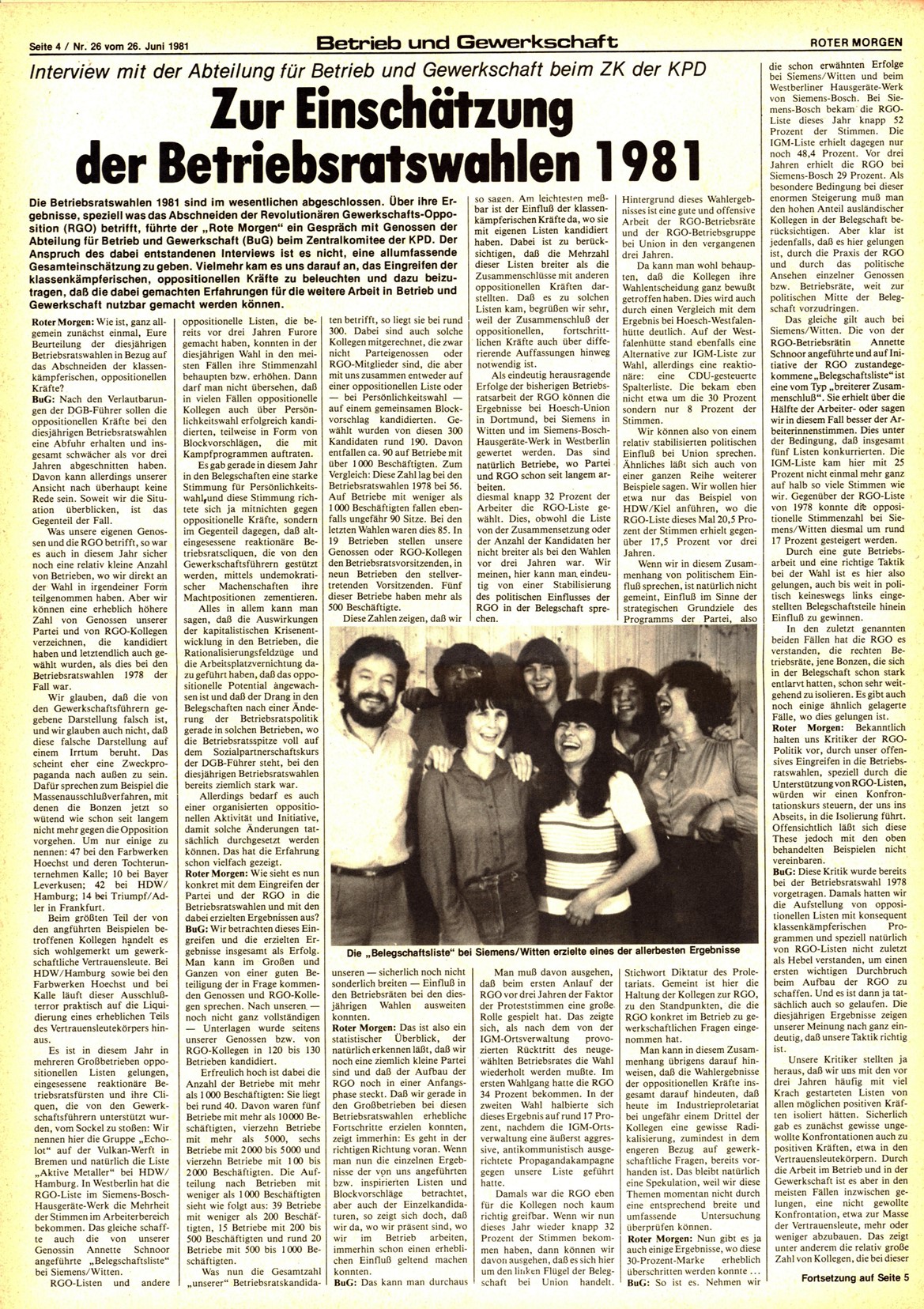 Roter Morgen, 15. Jg., 26. Juni 1981, Nr. 26, Seite 4