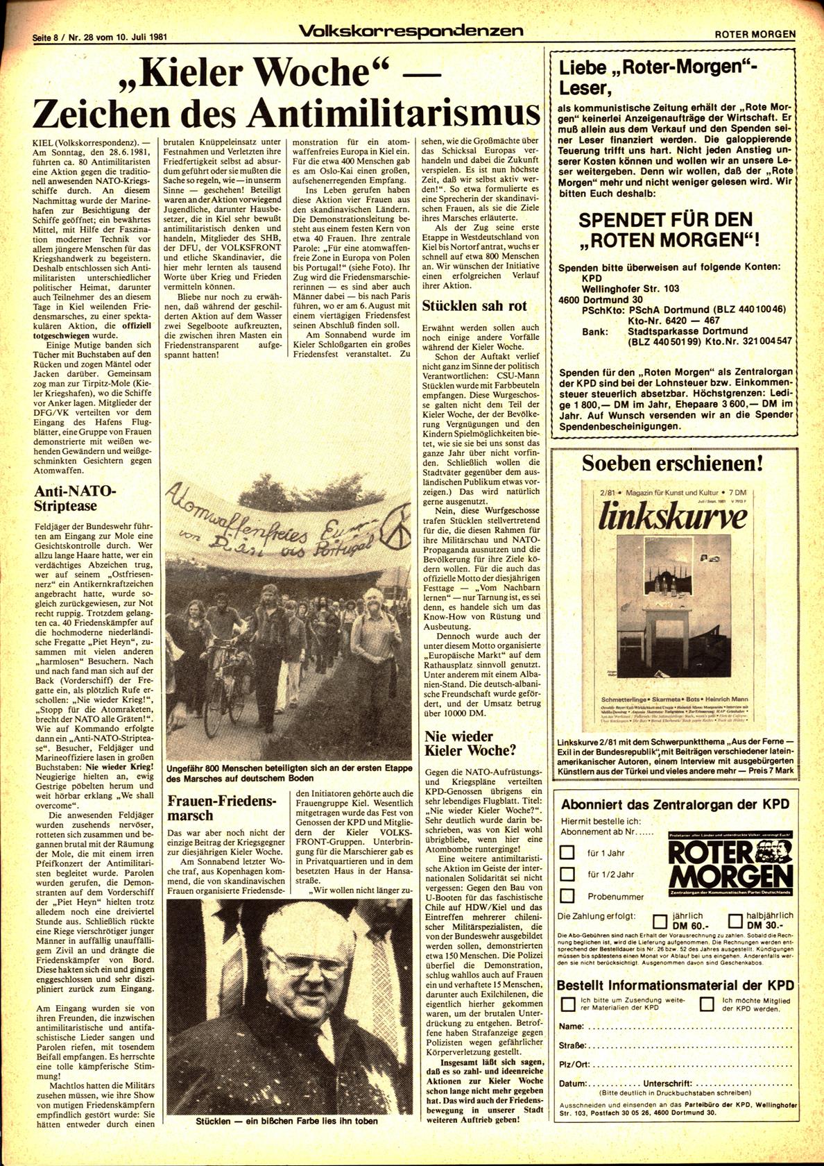 Roter Morgen, 15. Jg., 10. Juli 1981, Nr. 28, Seite 8