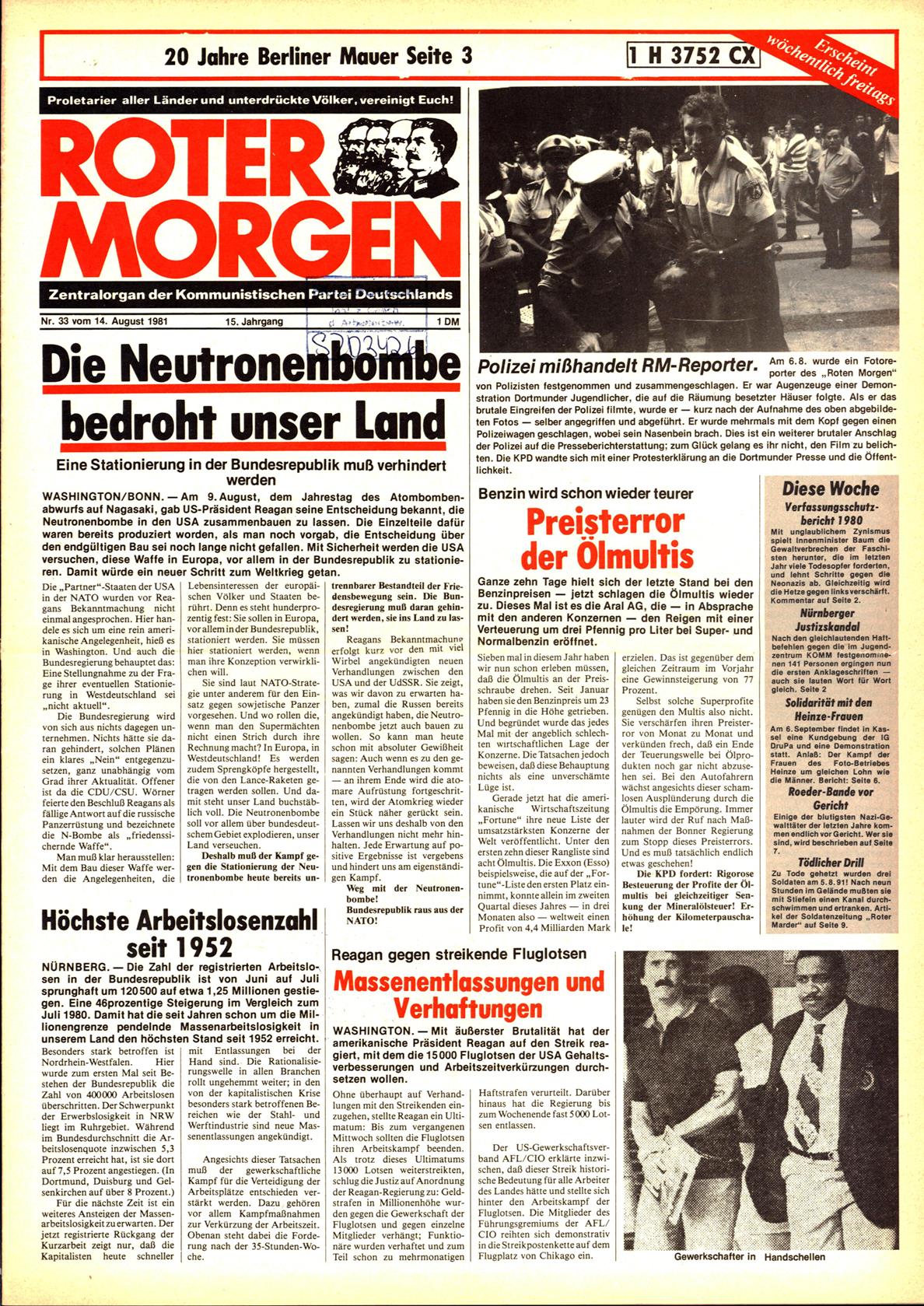 Roter Morgen, 15. Jg., 14. August 1981, Nr. 33, Seite 1