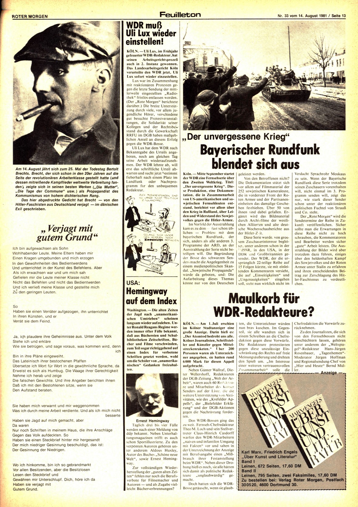 Roter Morgen, 15. Jg., 14. August 1981, Nr. 33, Seite 13