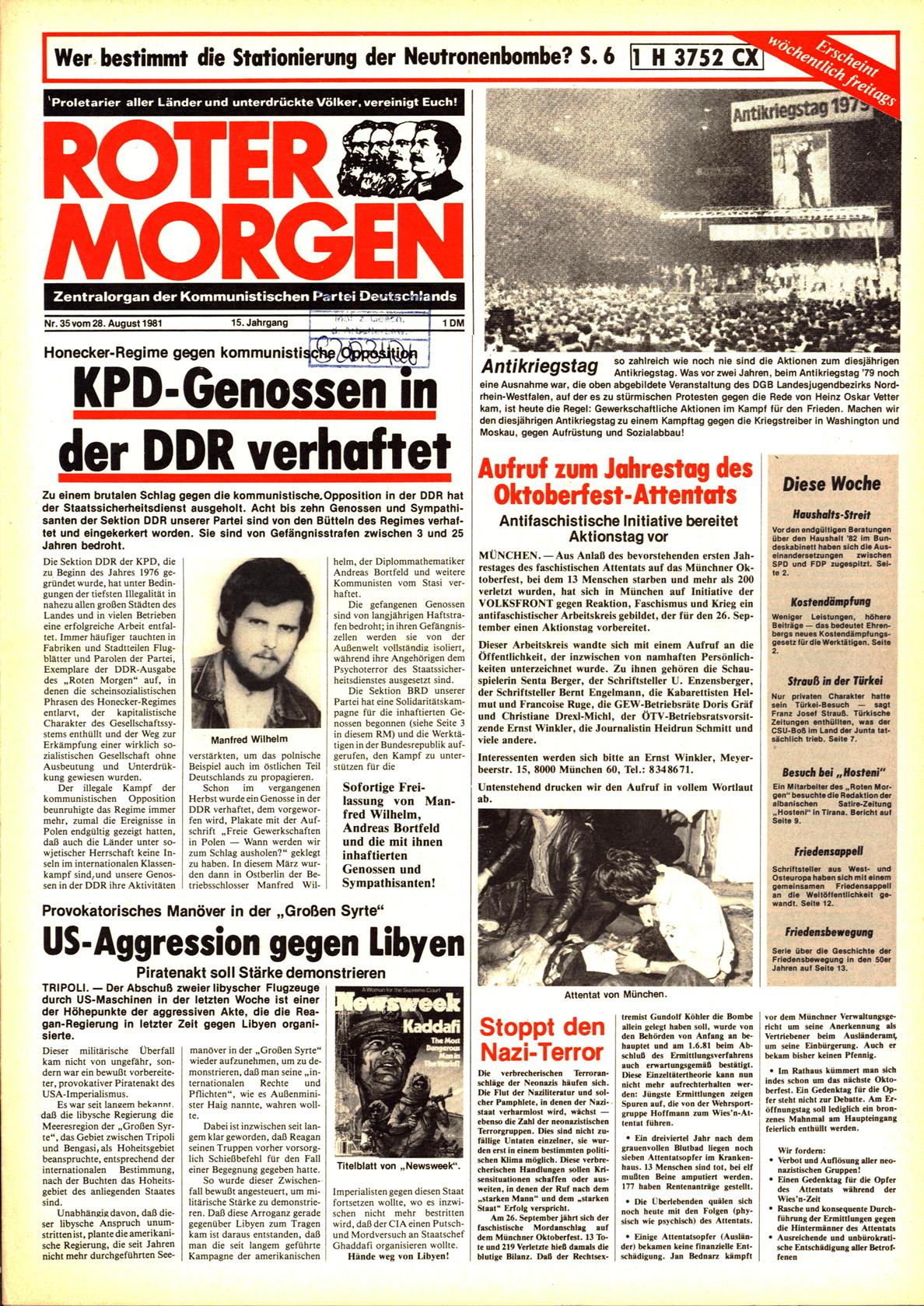 Roter Morgen, 15. Jg., 28. August 1981, Nr. 35, Seite 1