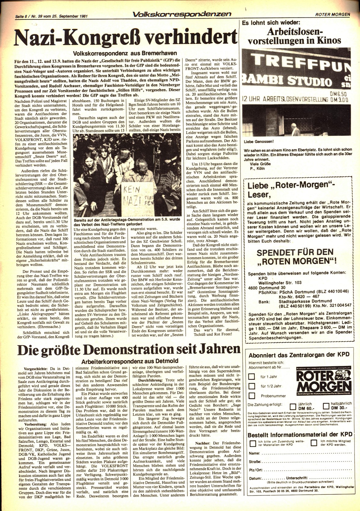 Roter Morgen, 15. Jg., 25. September 1981, Nr. 39, Seite 8