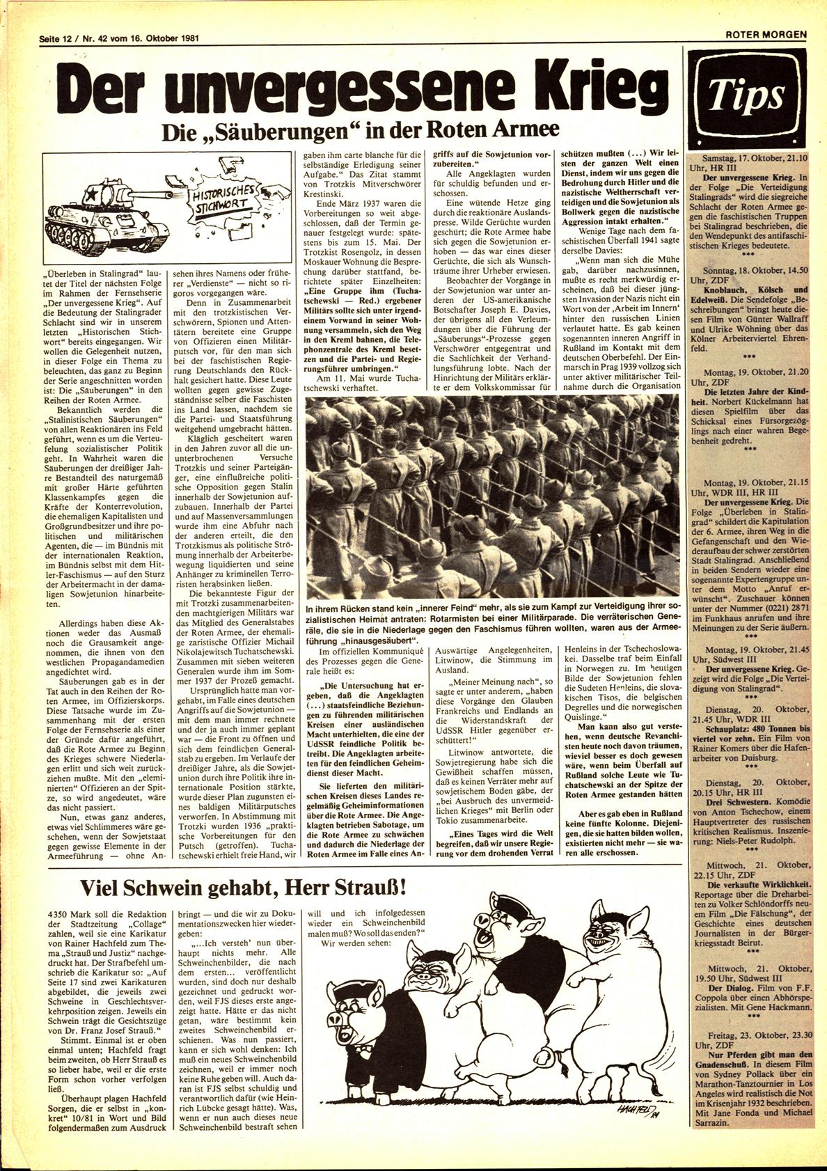 Roter Morgen, 15. Jg., 16. November 1981, Nr. 42, Seite 12
