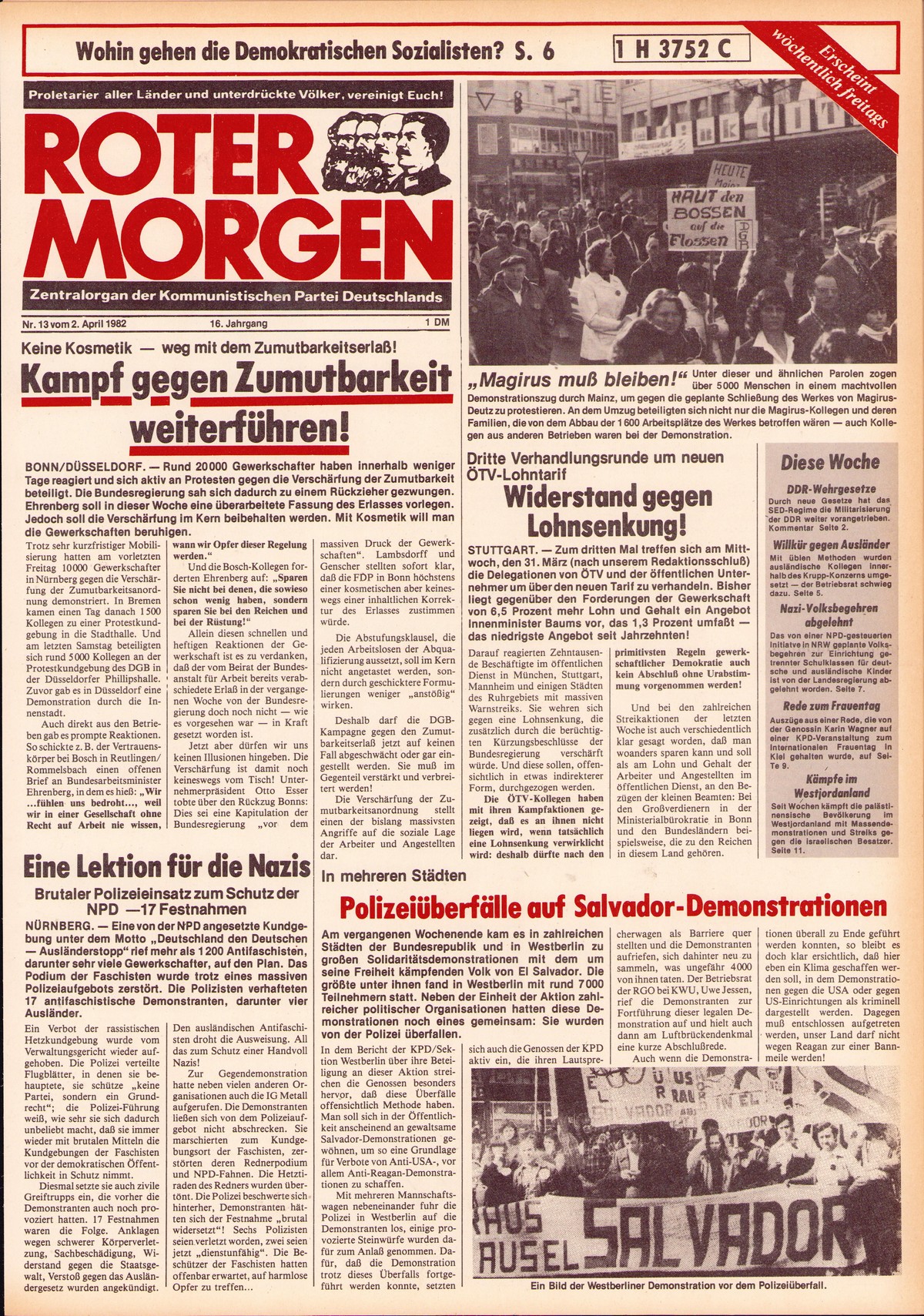Roter Morgen, 16. Jg., 2. April  1982, Nr. 13, Seite 1