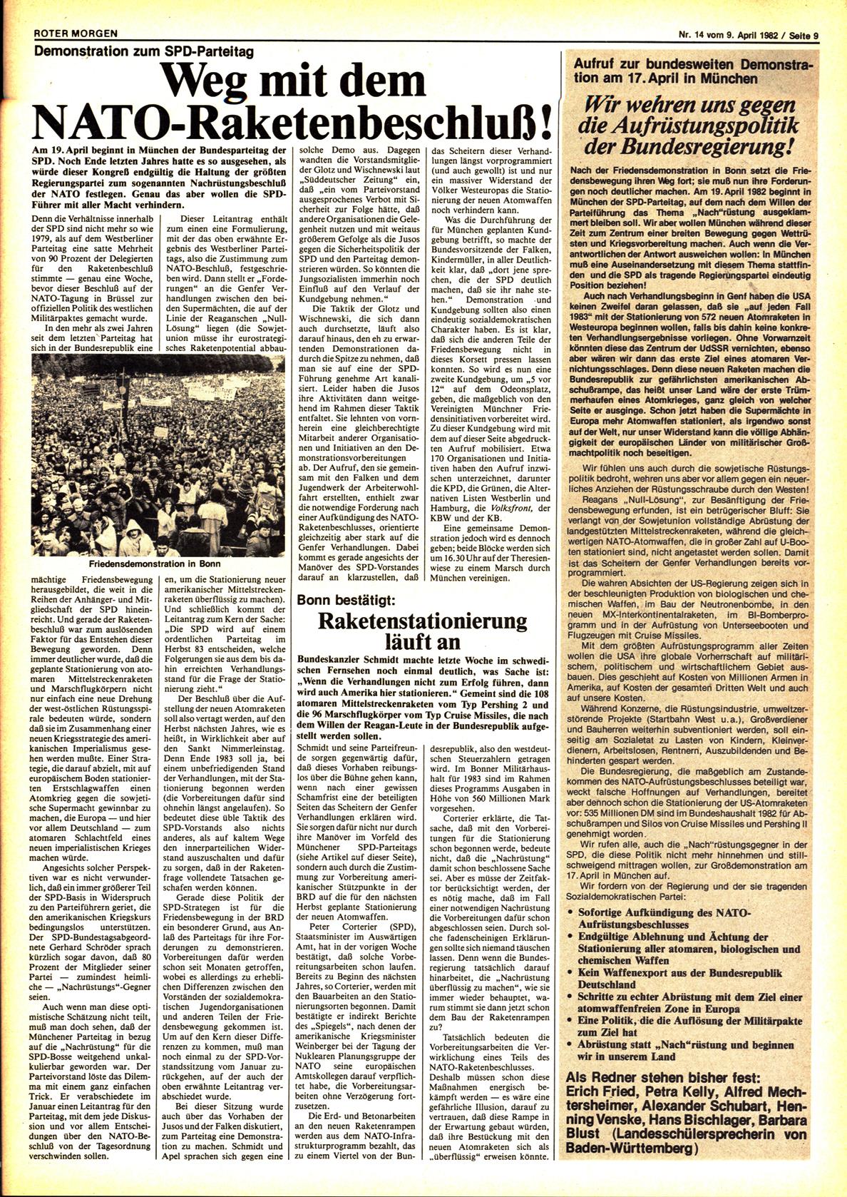 Roter Morgen, 16. Jg., 9. April  1982, Nr. 14, Seite 9