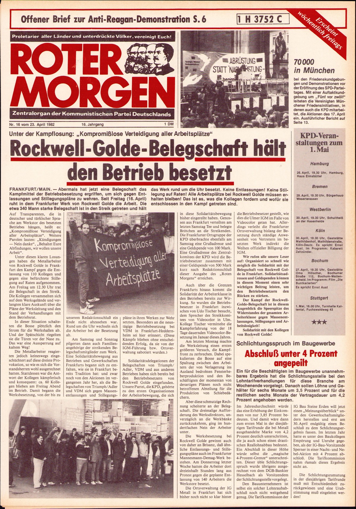 Roter Morgen, 16. Jg., 23. April 1982, Nr. 16, Seite 1