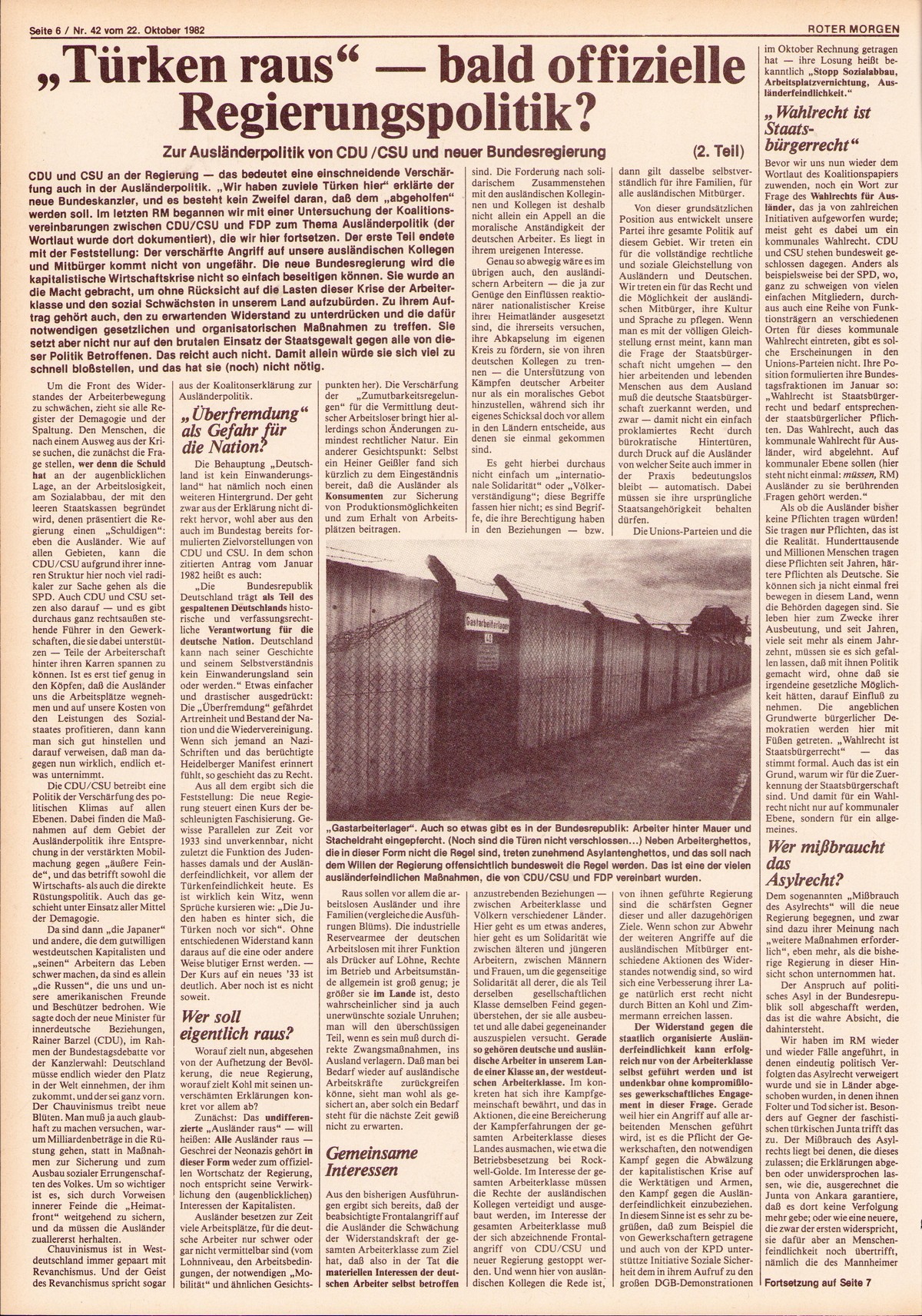 Roter Morgen, 16. Jg., 22. Oktober 1982, Nr. 42, Seite 6