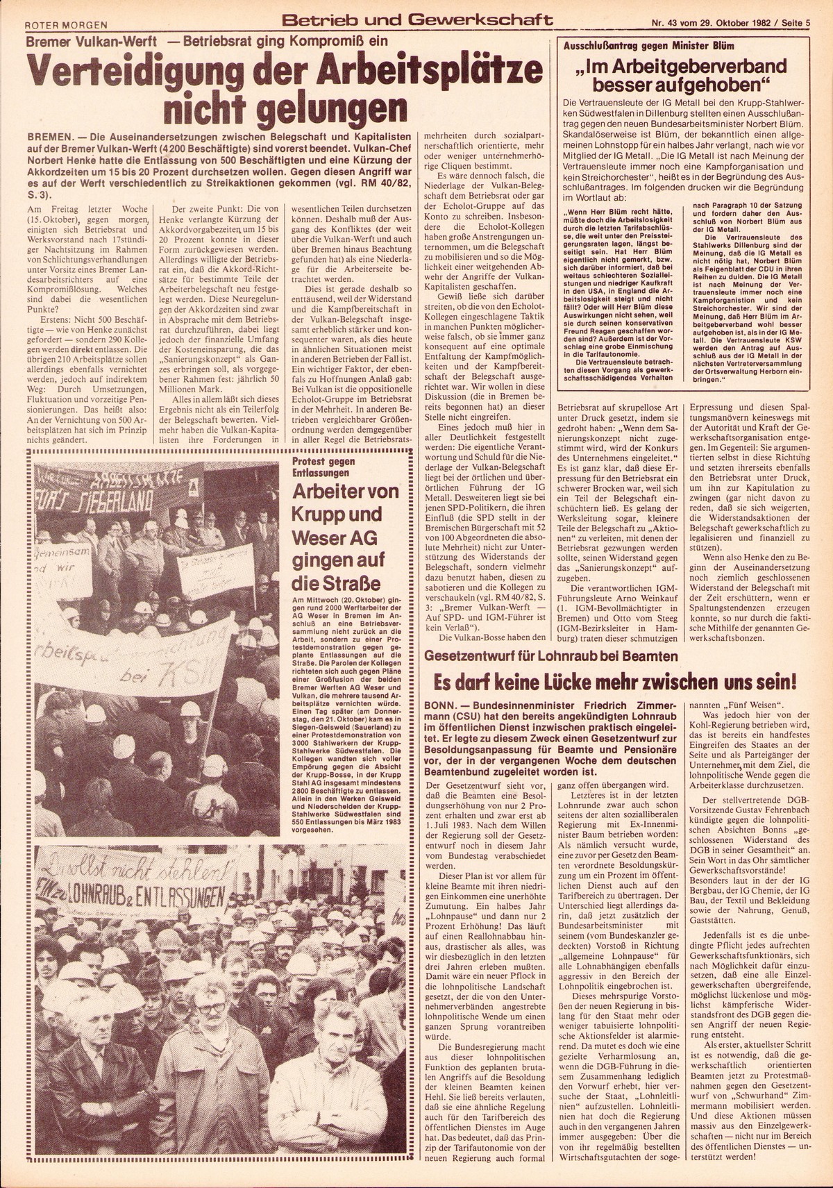 Roter Morgen, 16. Jg., 29. Oktober 1982, Nr. 43, Seite 5