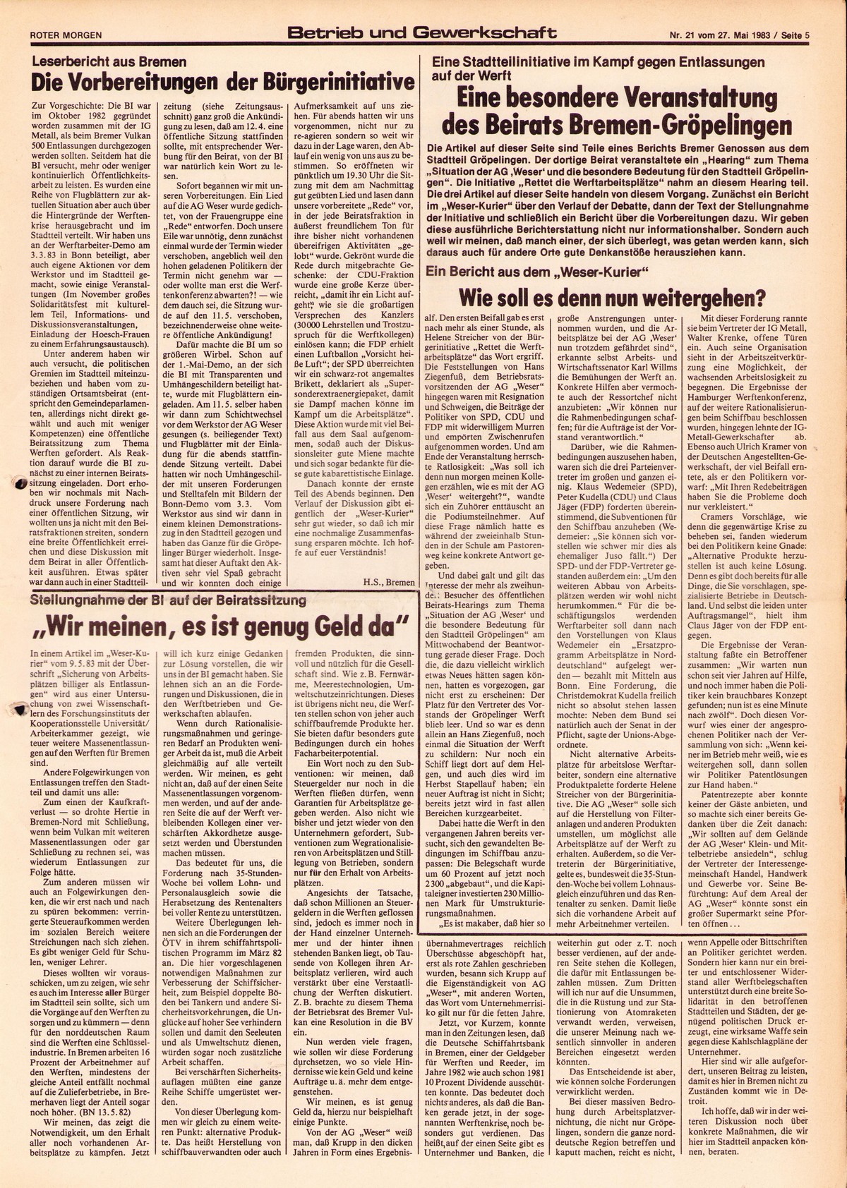 Roter Morgen, 17. Jg., 27. Mai 1983, Nr. 21, Seite 5