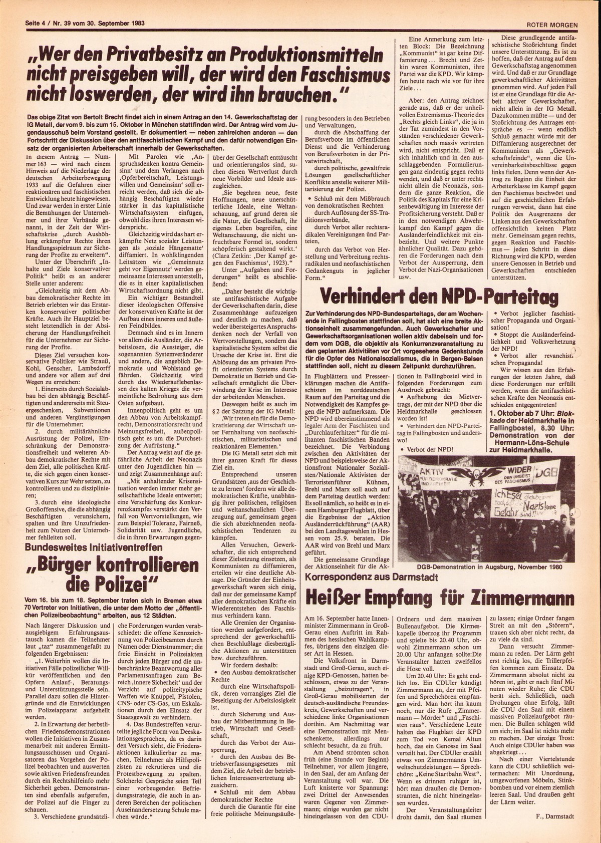 Roter Morgen, 17. Jg., 30. September 1983, Nr. 39, Seite 4