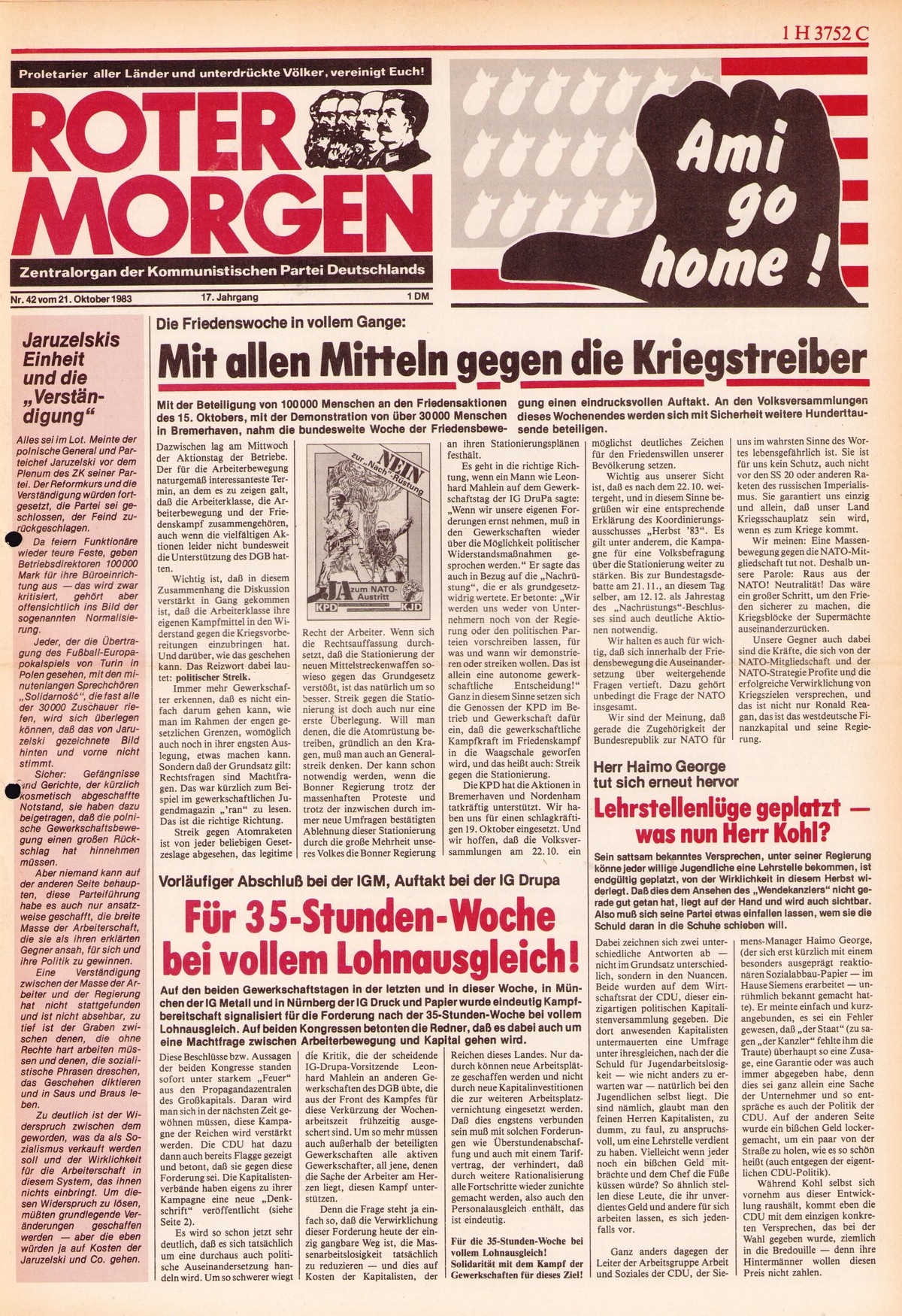 Roter Morgen, 17. Jg., 21. Oktober 1983, Nr. 42, Seite 1