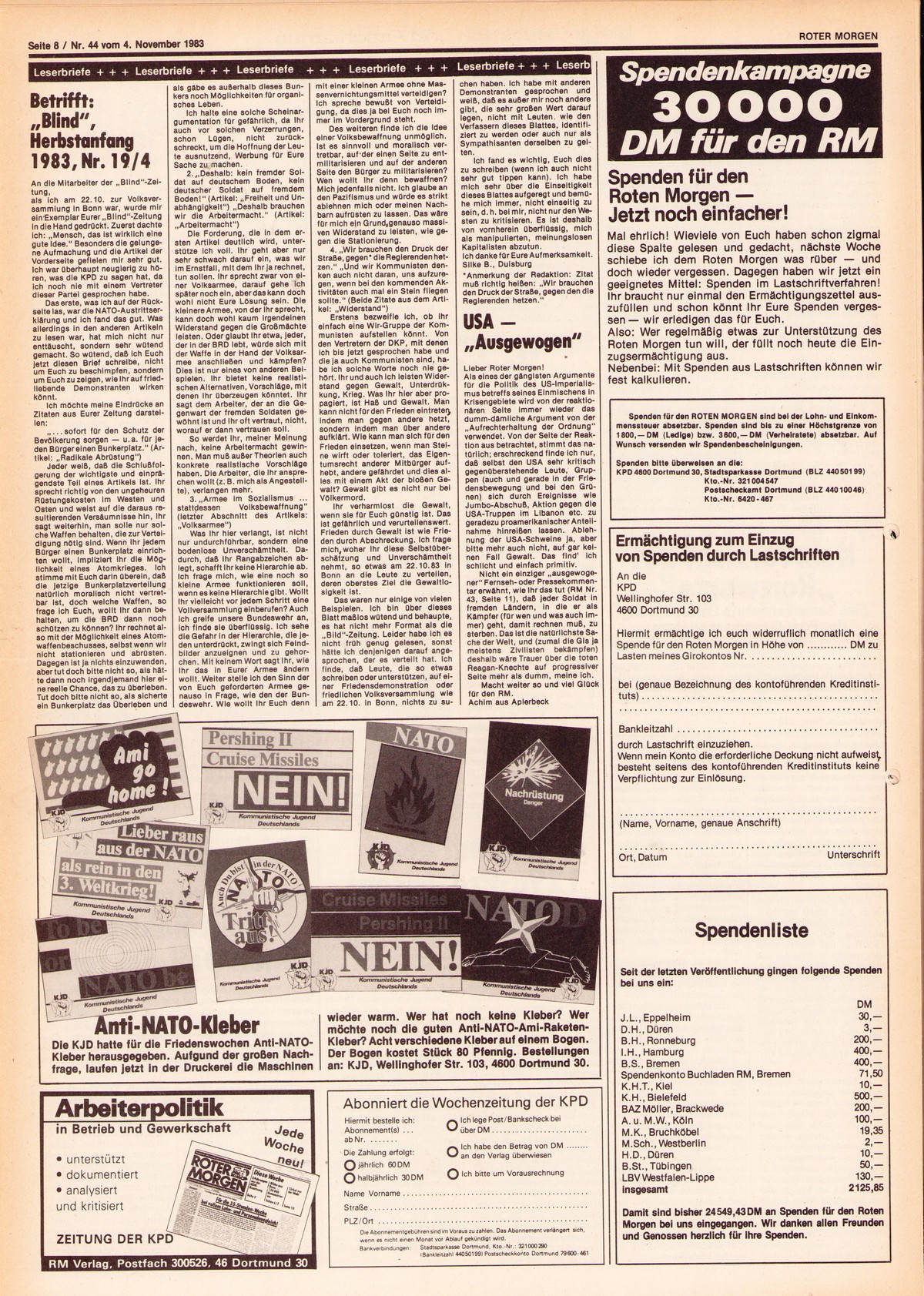 Roter Morgen, 17. Jg., 4. November 1983, Nr. 44, Seite 8