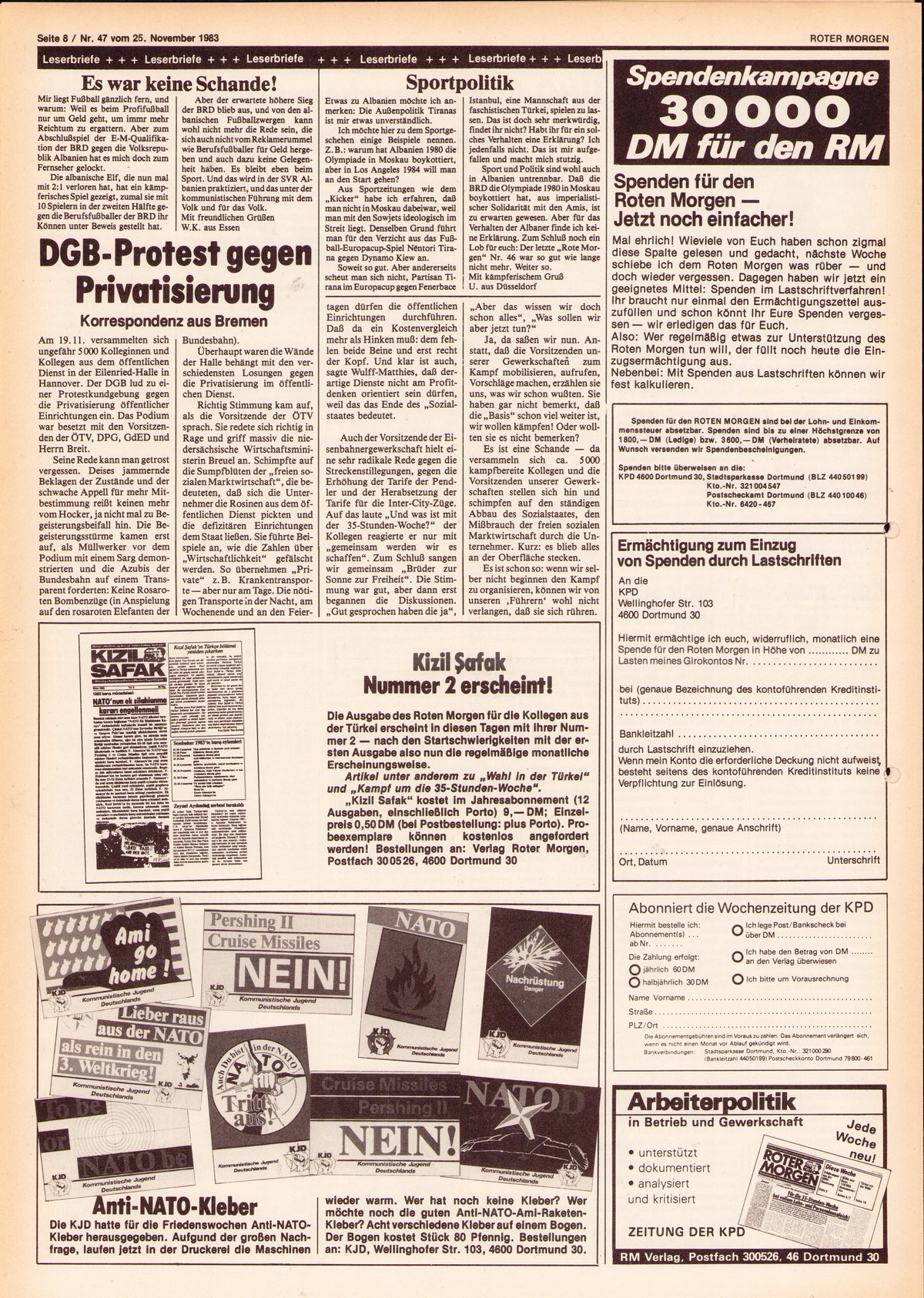Roter Morgen, 17. Jg., 25. November 1983, Nr. 47, Seite 8