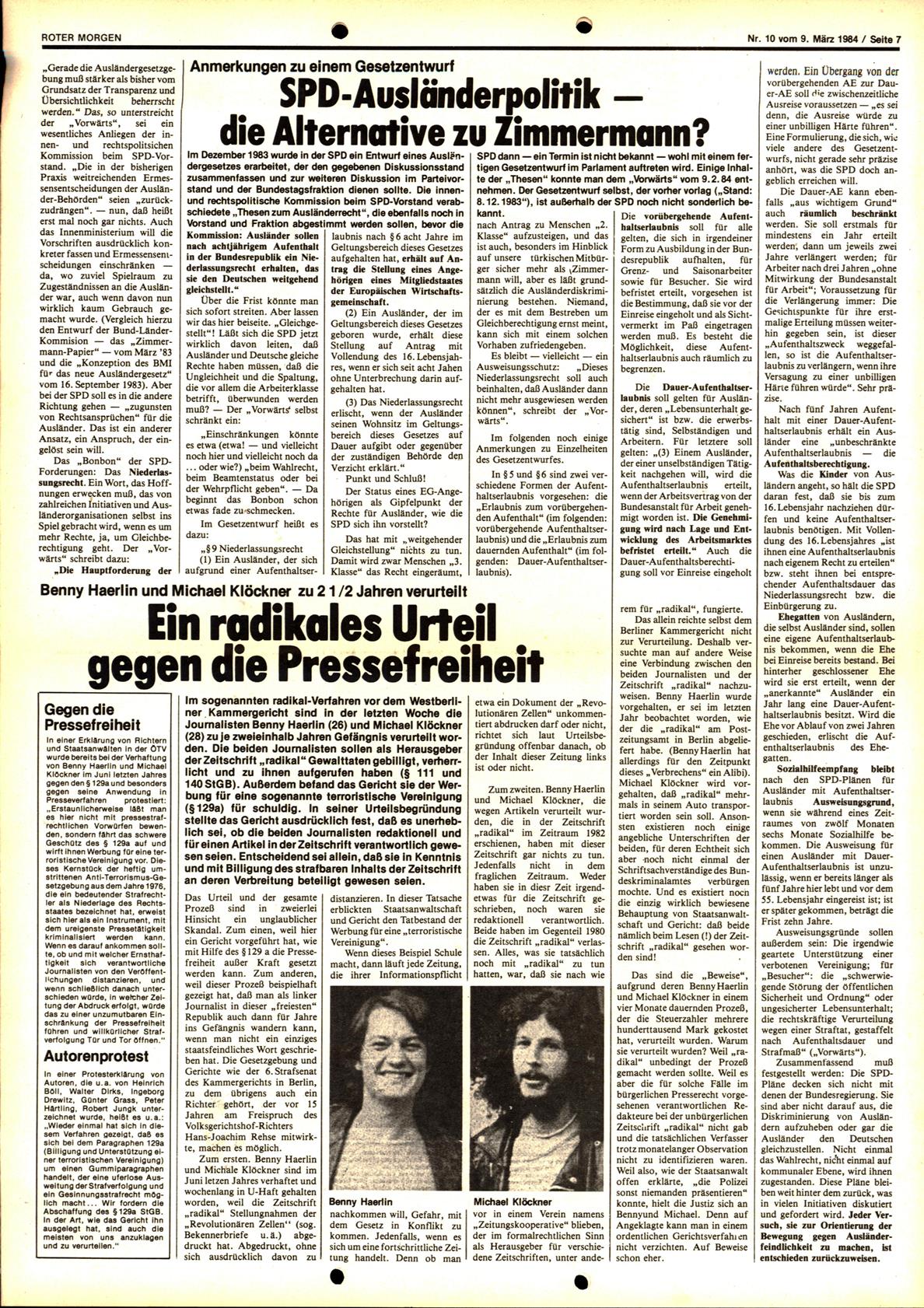 Roter Morgen, 18. Jg., 9. März 1984, Nr. 10, Seite 7