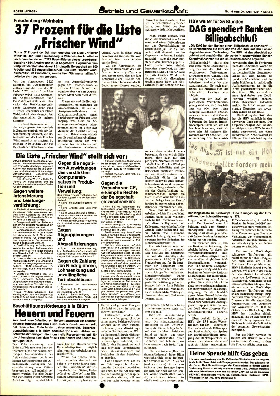 Roter Morgen, 18. Jg., 20. April 1984, Nr. 16, Seite 5