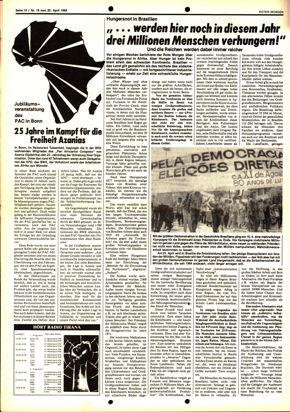 Roter Morgen, 18. Jg., 20. April 1984, Nr. 16, Seite 10