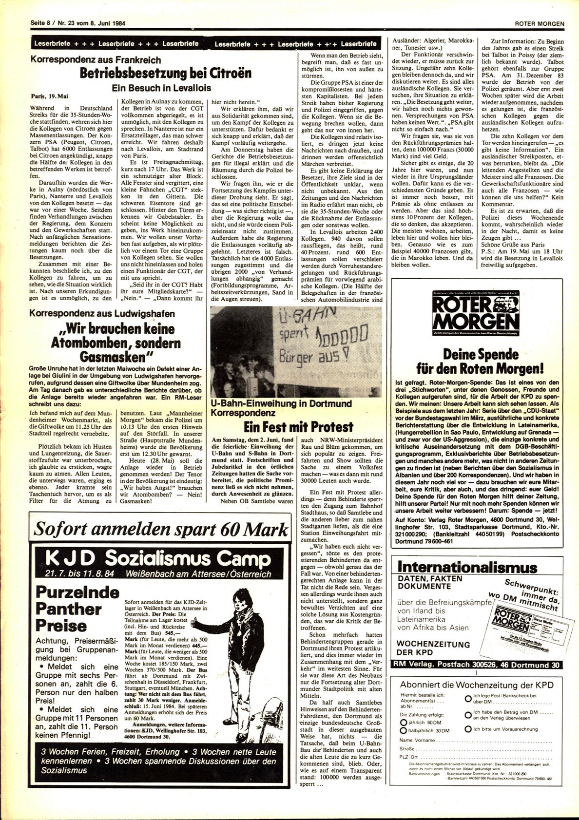 Roter Morgen, 18. Jg., 8. Juni 1984, Nr. 23, Seite 8