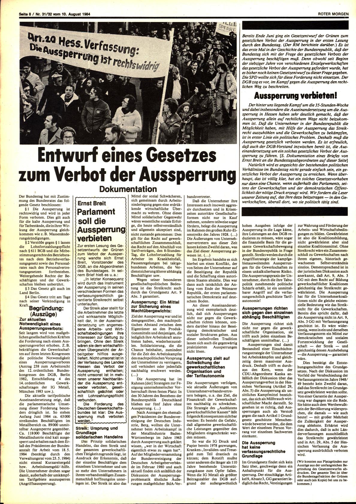 Roter Morgen, 18. Jg., 10. August 1984, Nr. 31/32, Seite 8