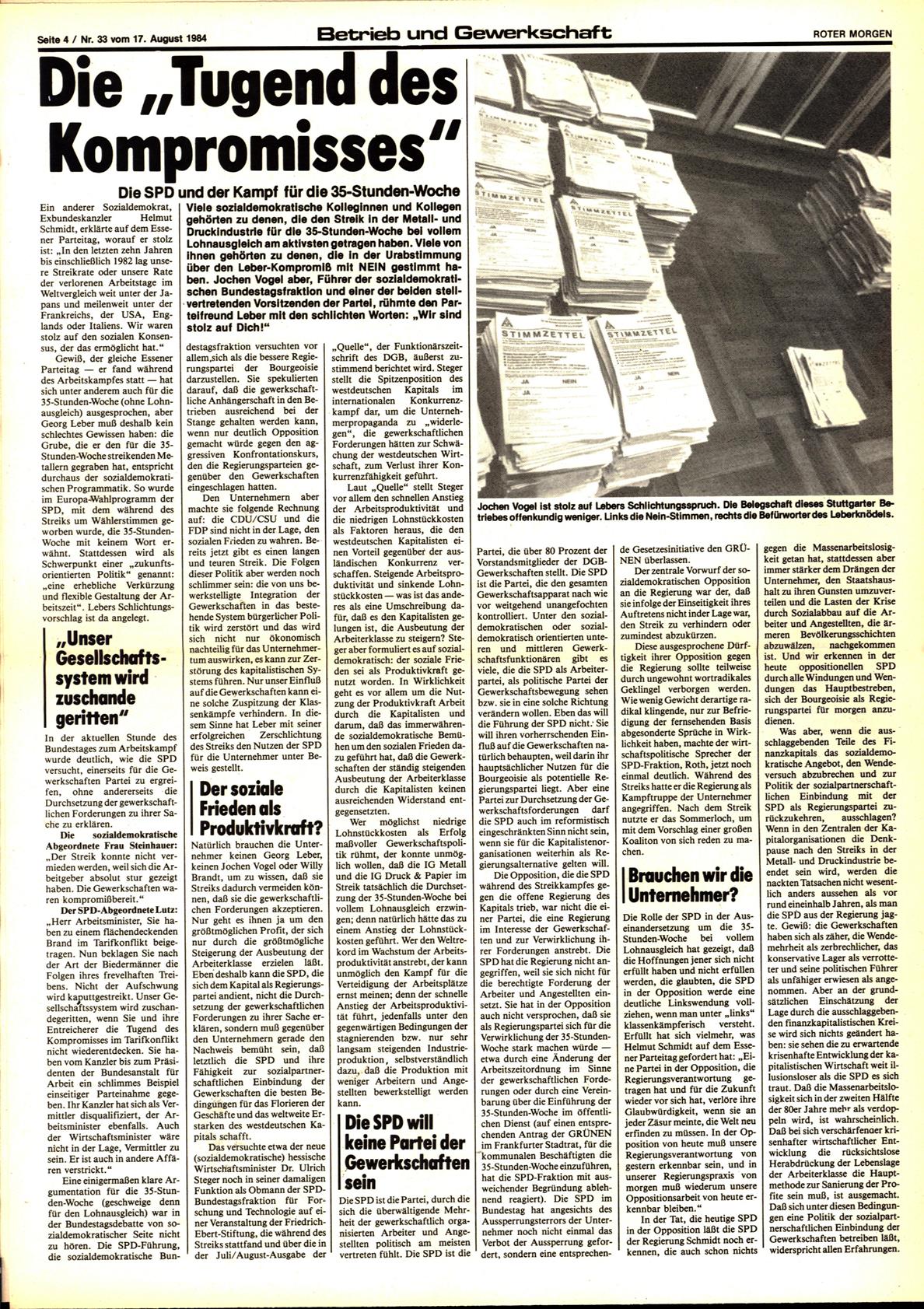 Roter Morgen, 18. Jg., 17. August 1984, Nr. 33, Seite 4