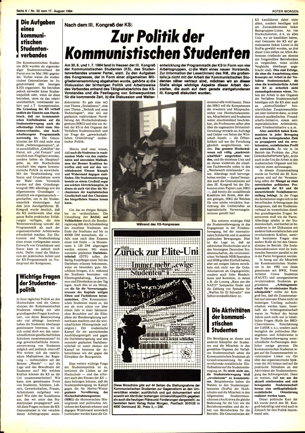 Roter Morgen, 18. Jg., 17. August 1984, Nr. 33, Seite 8