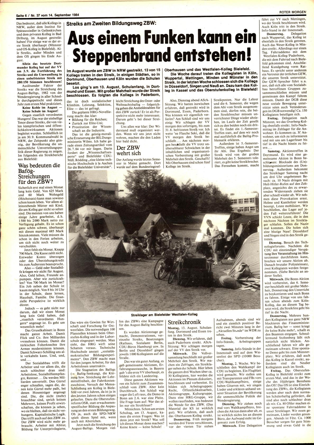 Roter Morgen, 18. Jg., 14. September 1984, Nr. 37, Seite 6