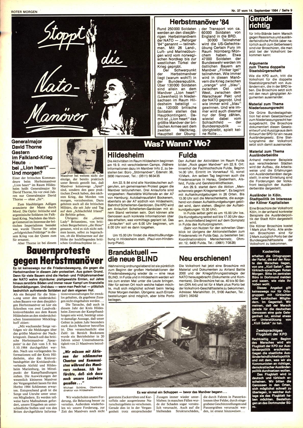Roter Morgen, 18. Jg., 14. September 1984, Nr. 37, Seite 9