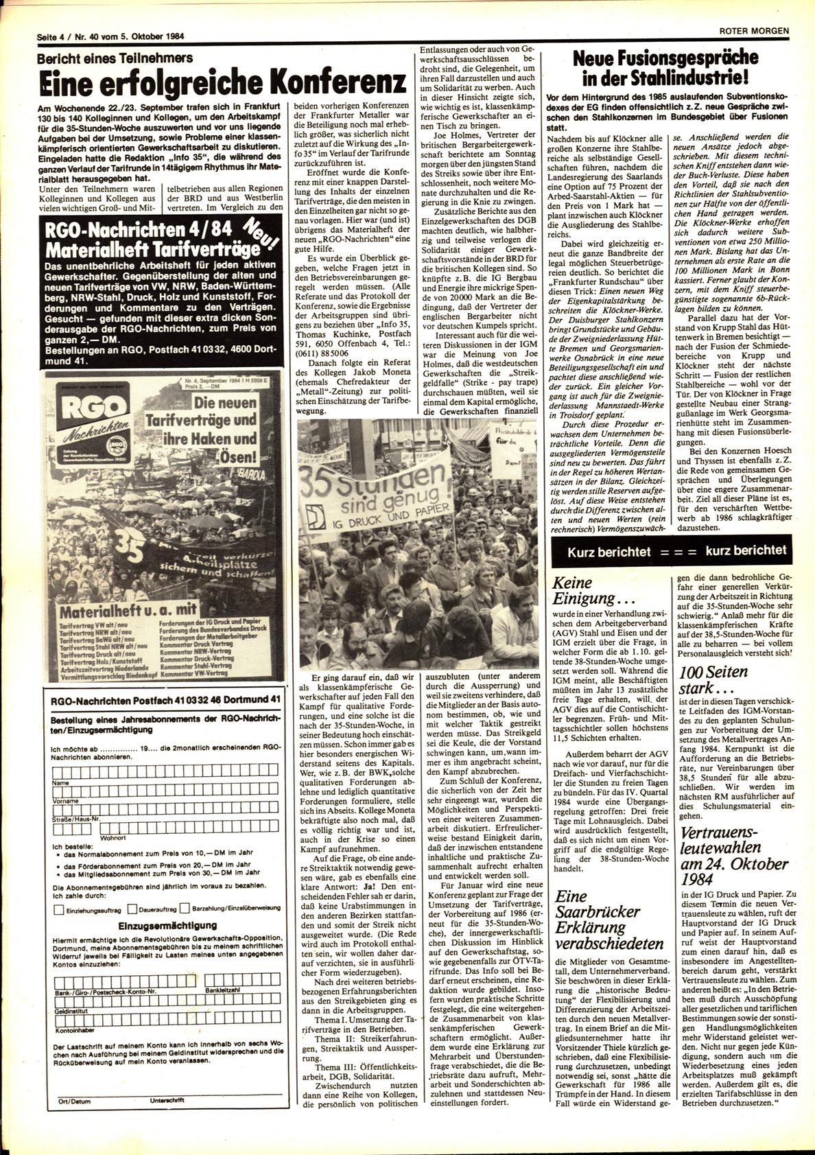 Roter Morgen, 18. Jg., 5. Oktober 1984, Nr. 40, Seite 4