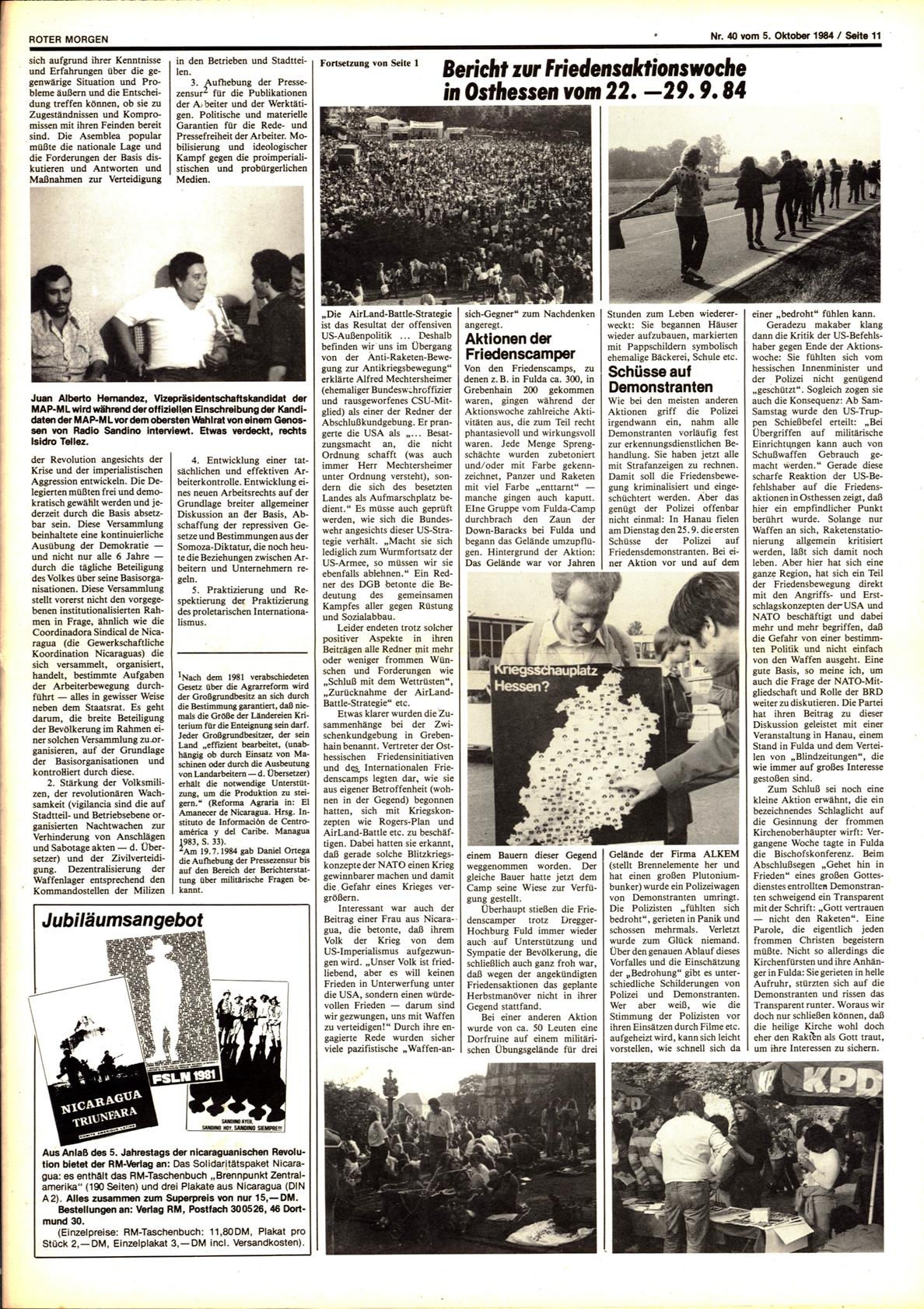 Roter Morgen, 18. Jg., 5. Oktober 1984, Nr. 40, Seite 11